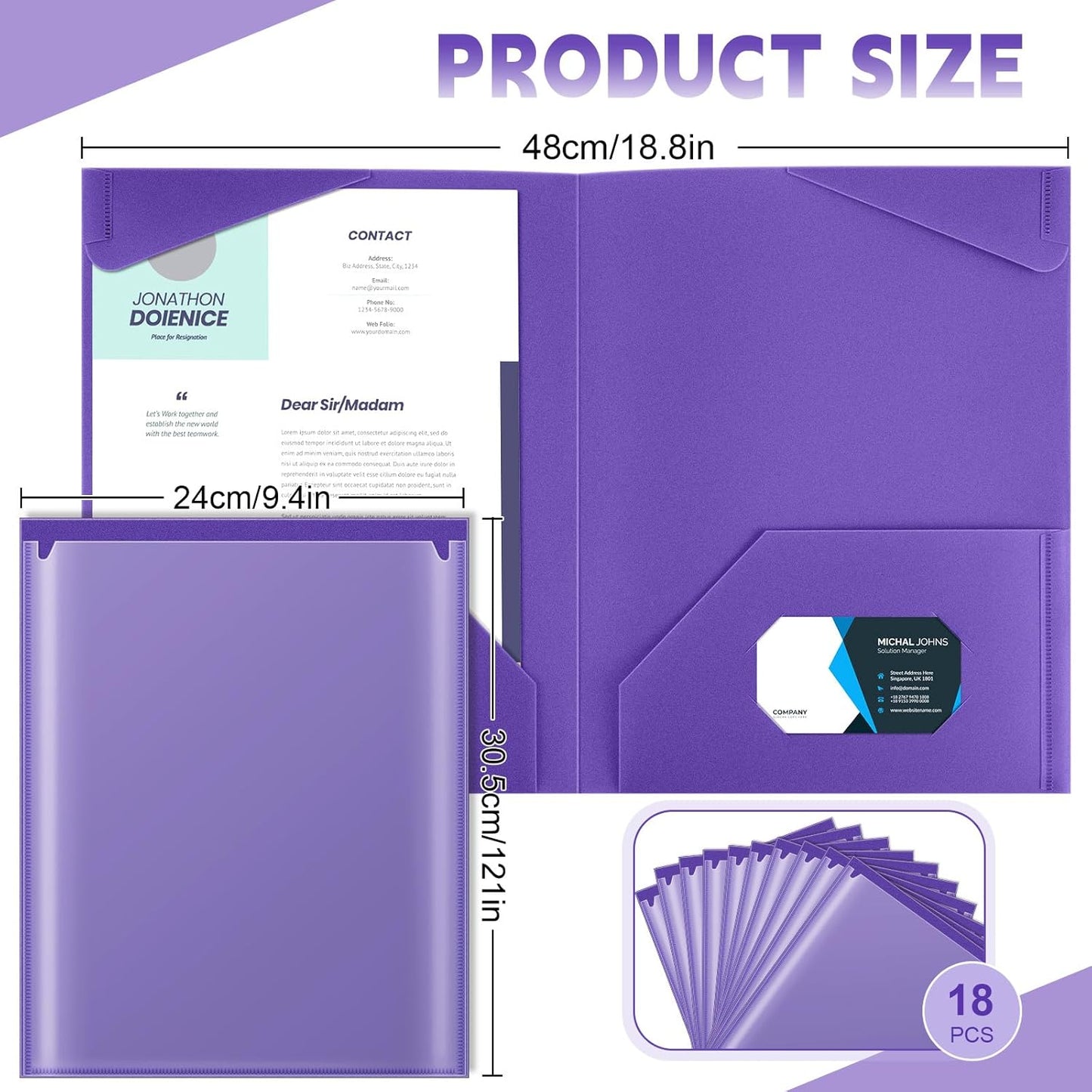 Henoyso 18 Pcs Plastic Folders with Clear Front Pockets Heavy Duty File Folders with 2 Pockets and Card Slot for Student Communication School Office Presentation Report (Purple)