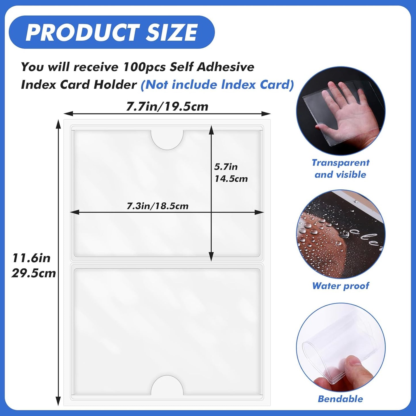 Circloophs 100 Packs Self Adhesive Index Card Pockets for 5”x 7” Card, Adhesive Label Holders with Top Open – 5.7”x 7.3” Clear Adhesive Label Pockets for Storage Bins, Locker, Shelves, Library, Office