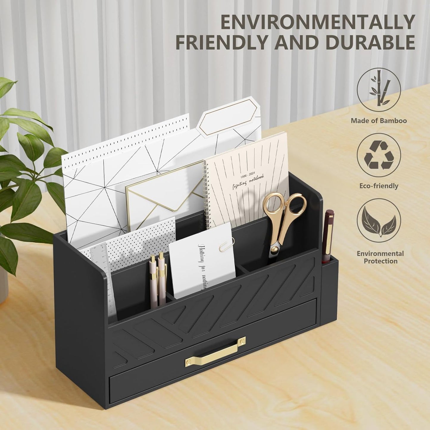 Bamboo Desk Organizer Mail Holder Countertop Wood Desk Drawer Tabletop Storage Box Pen Holder Letter Sorter Makeup Organizer for School Home Office Supplies with Pen Holder Black