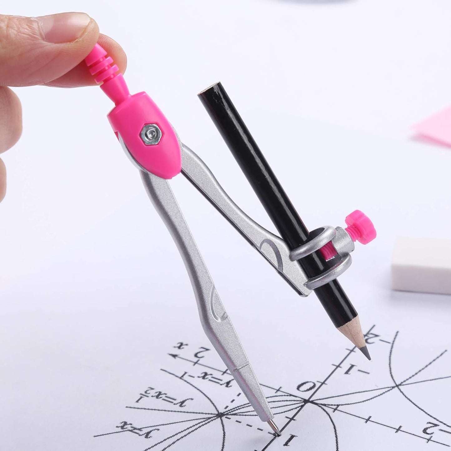 Math Geometry Kit Sets 10 Piece Student Supplies with Shatterproof Storage Box,Includes Rulers,Protractor,Compass,Eraser,Pencil Sharpener,Lead Refills,Pencil,for Drafting(Pink）