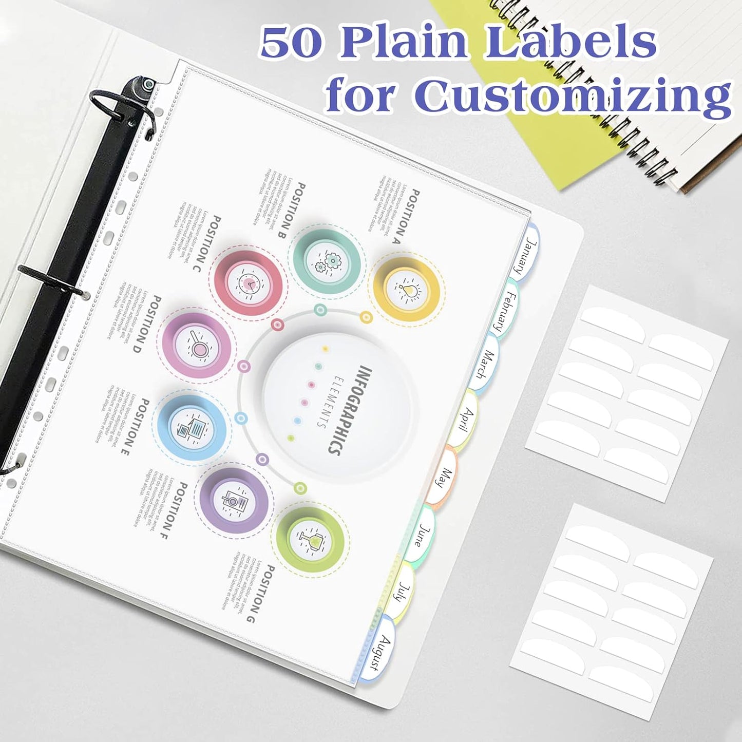 5 Set of 40 Pack A4 Plastic Sleeves Binder Index Dividers Pocket Dividers for 2/3/4 Ring Binder with 8 Tabs，Clear Plastic Sheet Protectors Paper Organizer for School Home Office