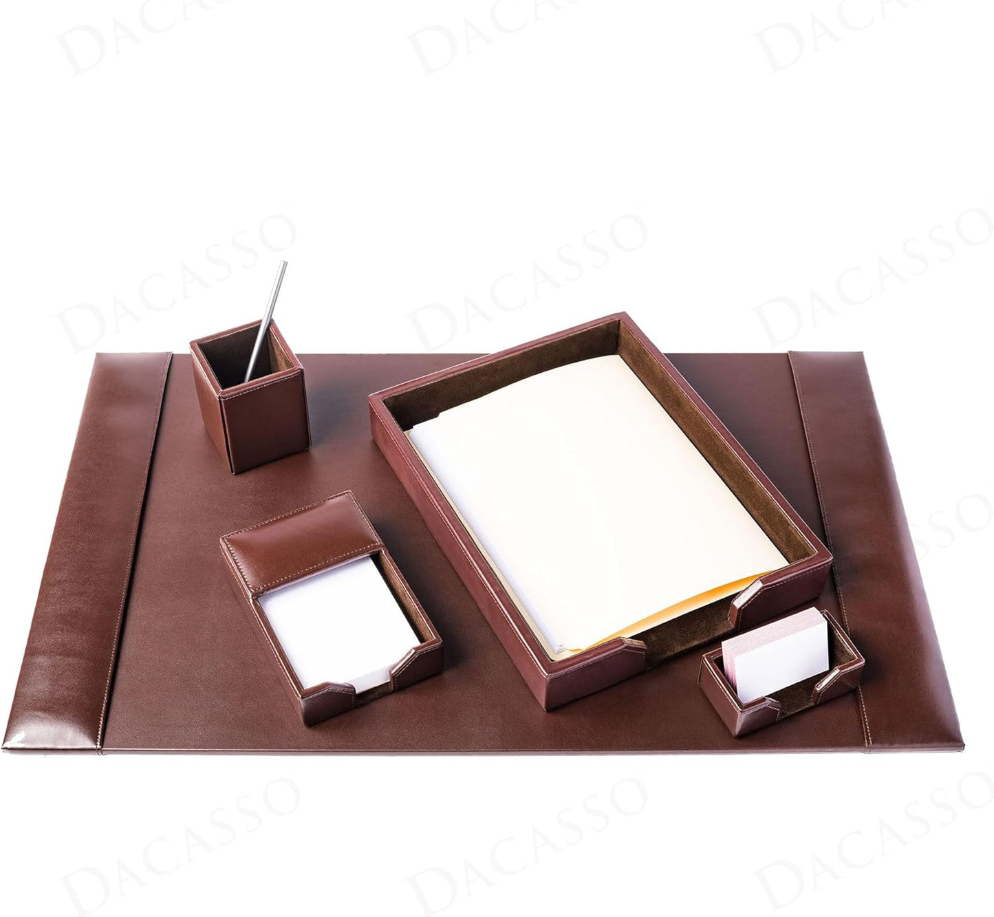 DACASSO Bonded Leather Desk Set - Luxury Leather Desk Pad & Organization Essentials - Executive Office Decor - Dark Brown, 5 Piece