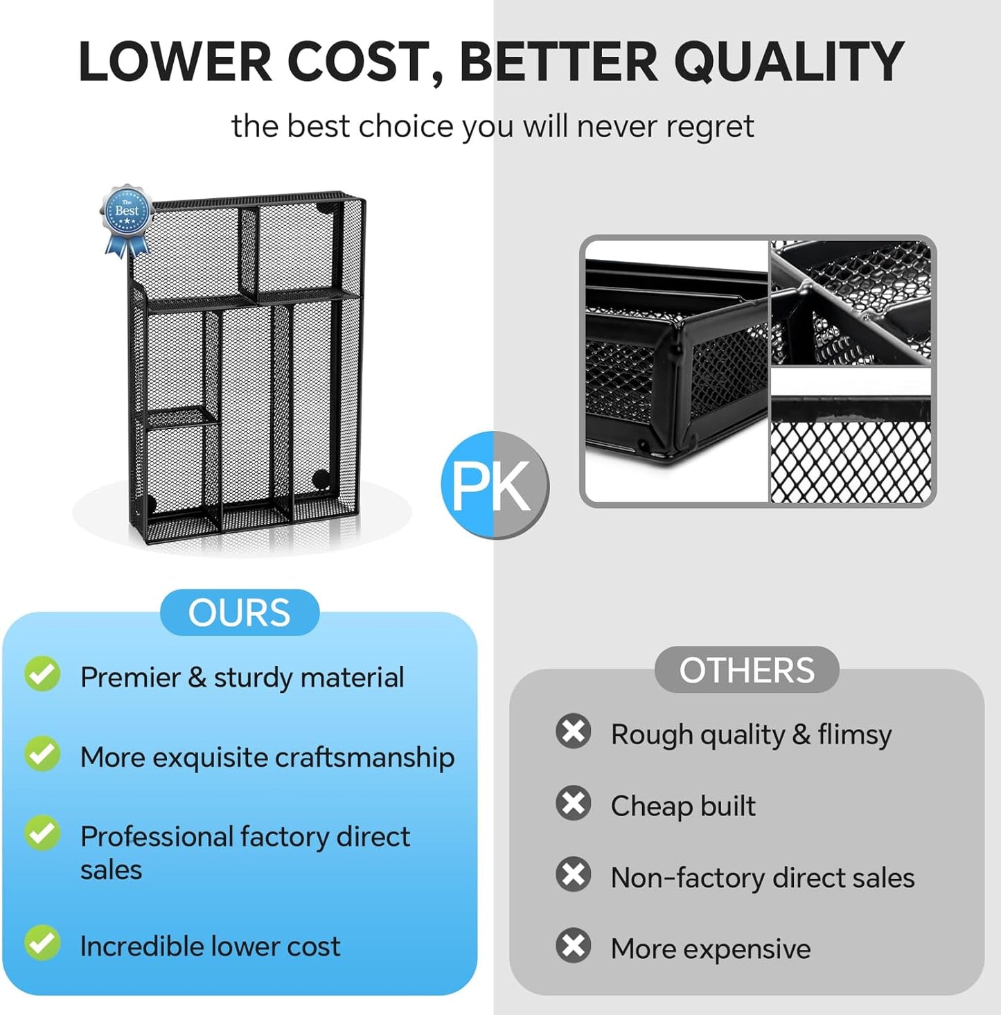 Desk Drawer Organizer, Office Drawer Divider Organizer Tray with 6 Compartments, Metal Mesh Desktop Organization and Accessories for Stationery Makeup Kitchen Toolroom School ＆Office, 12.6x8.27x1.6 in