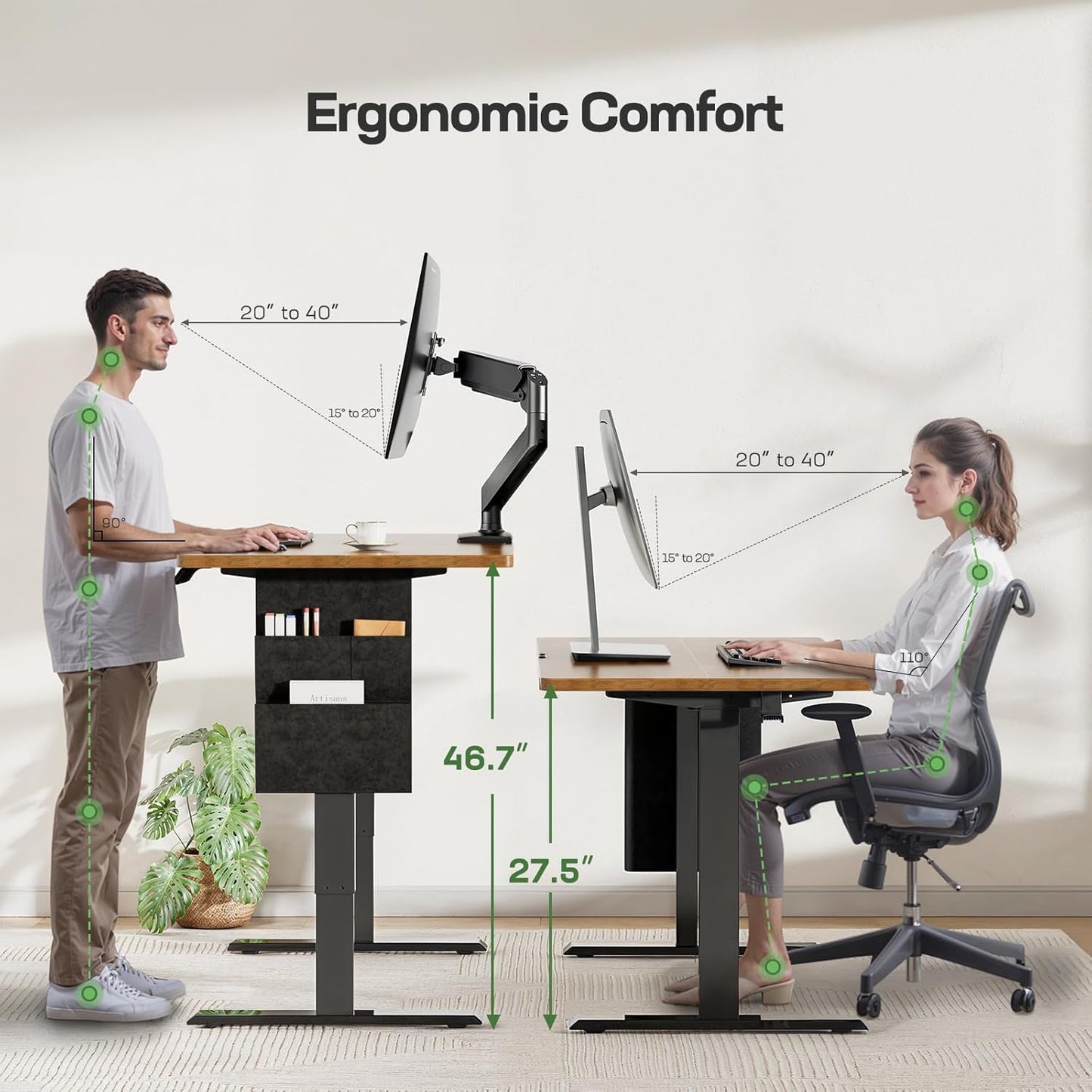 Marsail 40x24 Electric Standing Desk - Adjustable Height Computer Desk with Memory Presets, Storage Bag & Cable Management for Home Office & Gaming Workstations