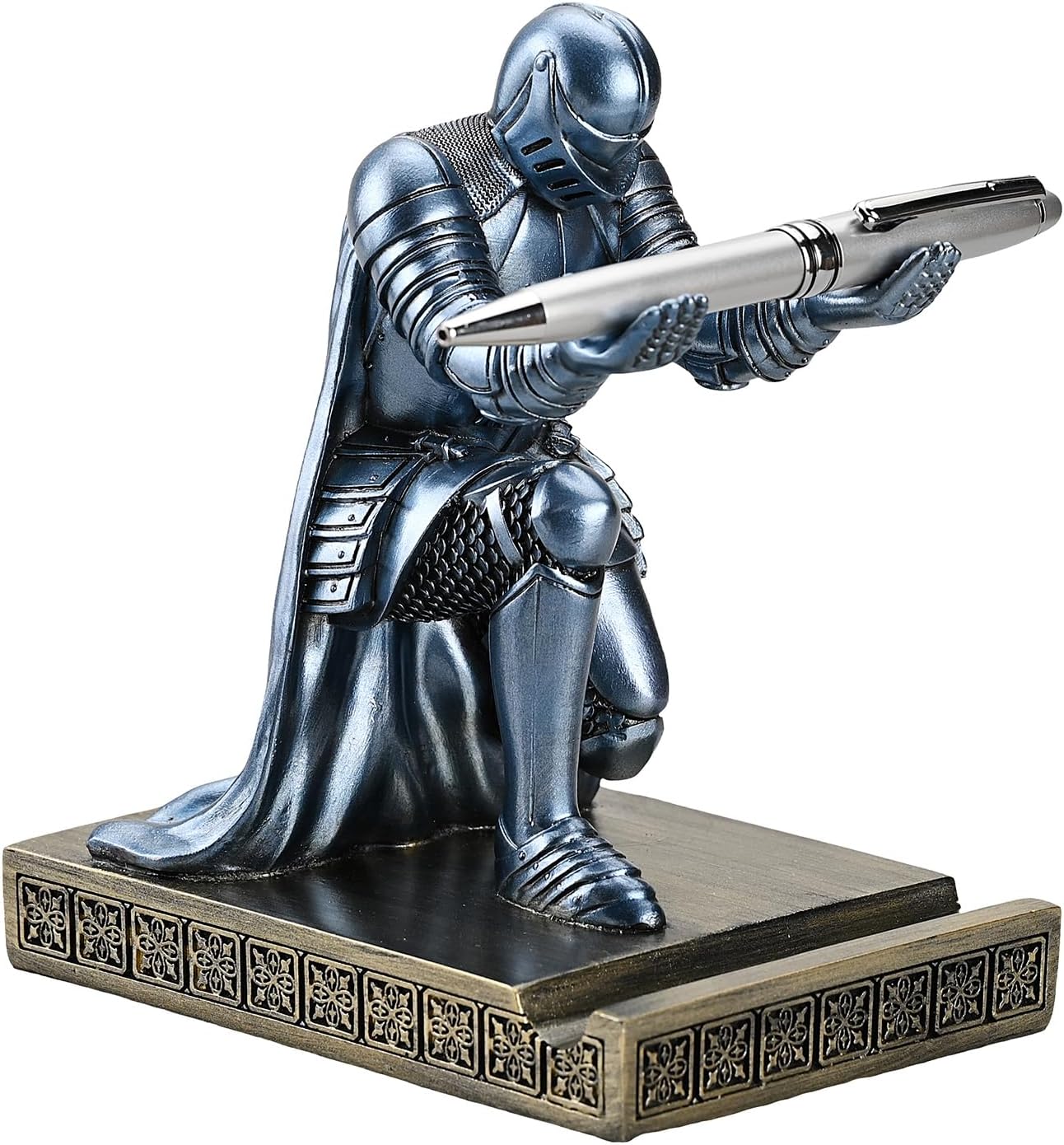 Windbreaker Soldier Knight Pen Holder Personalized Desk Accessory, Mobile Phone & Gaming Controller Holder, Device Stand Gift for Medieval Enthusiasts (Blue)