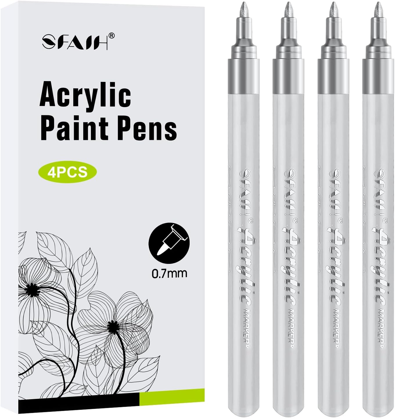 SFAIH Silver Paint Markers Pens -4 Pack 0.7MM Fine Tip Acrylic Markers for Rock Painting, Wood, Metal, Fabric, Plastic, Canvas, Glass, Ceramic, Diy Crafts, Drawing, Tire