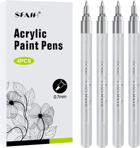 SFAIH Silver Paint Markers Pens -4 Pack 0.7MM Fine Tip Acrylic Markers for Rock Painting, Wood, Metal, Fabric, Plastic, Canvas, Glass, Ceramic, Diy Crafts, Drawing, Tire