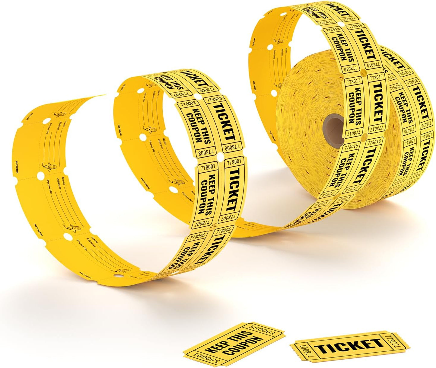 2000 Methdic Golden Raffle Tickets (4 Color Selection), Double Roll, Ticket for Events, Entry, Class Reward, Fundraiser & Prizes