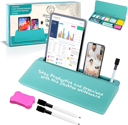 Glass Desktop Whiteboard for Quick Notes & Reminder – Desk Storage with Drawer – Compact Desk Organizer Whiteboard – Small Dry Erase Board - Desktop Accessories for Home Office (Turquoise)