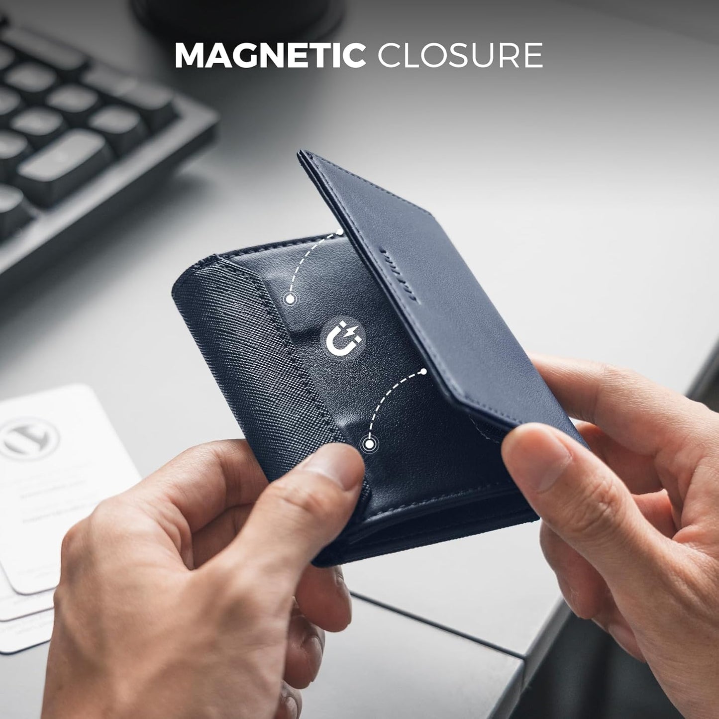 VULKIT Business Card Holder Premium Leather RFID Blocking Card Case With ID Window Magnetic Closure Holds Up to 40 Business Cards