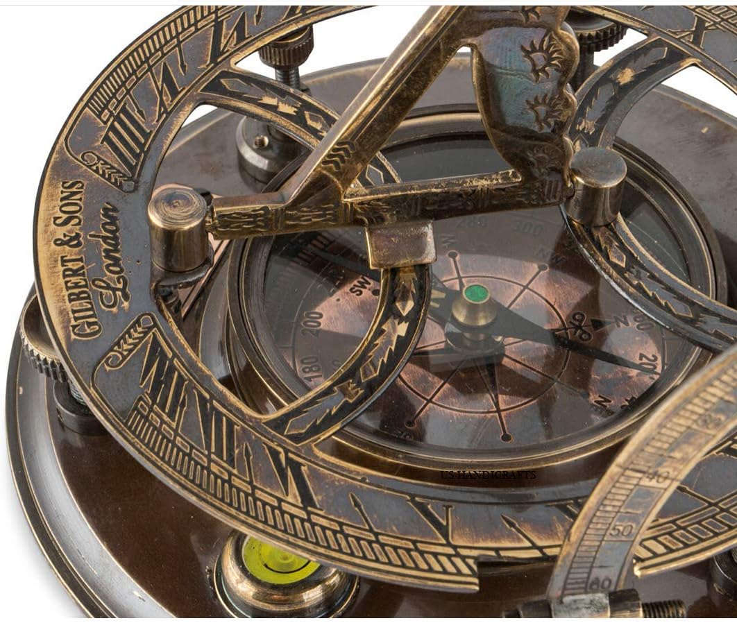 Top Grade 5-Inch Sundial Compass – Vintage Nautical Marine Compass with Wooden Box – Antique Brass Sun Clock for Decoration, Navigation, Gifts – Ship Replica Maritime Compass