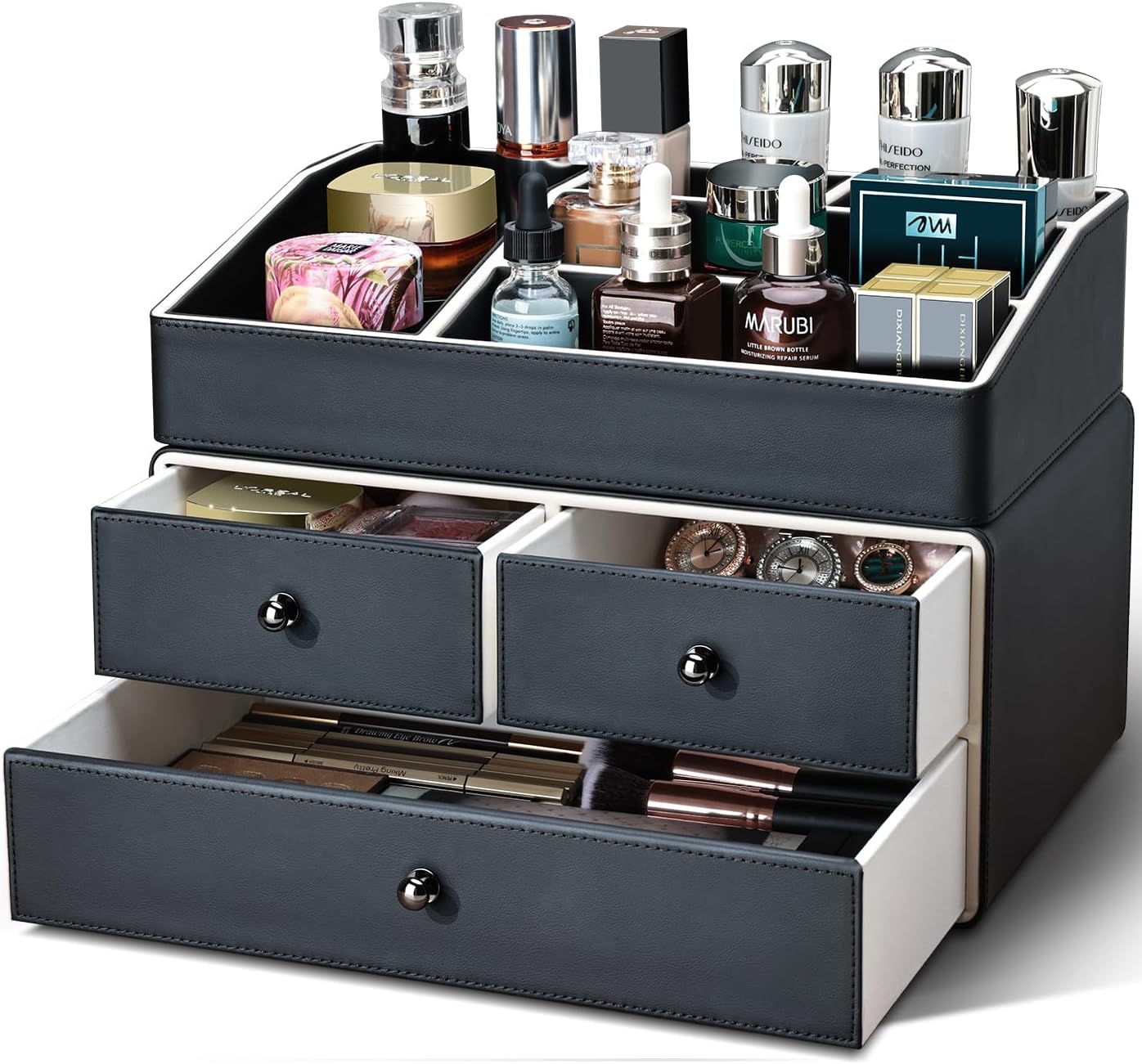 KINGFOM 2 Tier PU Leather Makeup Organizer with 3 Drawers, Cosmetic Storage Organizers for vanity Dresser Countertop and Bathroom Vanity, Beauty Holder for Lipstick Brush Skincare (Black)