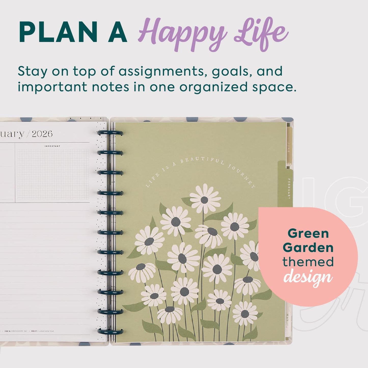 Happy Planner Disc-Bound Planner Jan.–Dec. 2026, Includes 3 Extra Months and 2 Sticker Sheets, Big Size, 8.5" x 11", Horizontal Layout, Green Garden