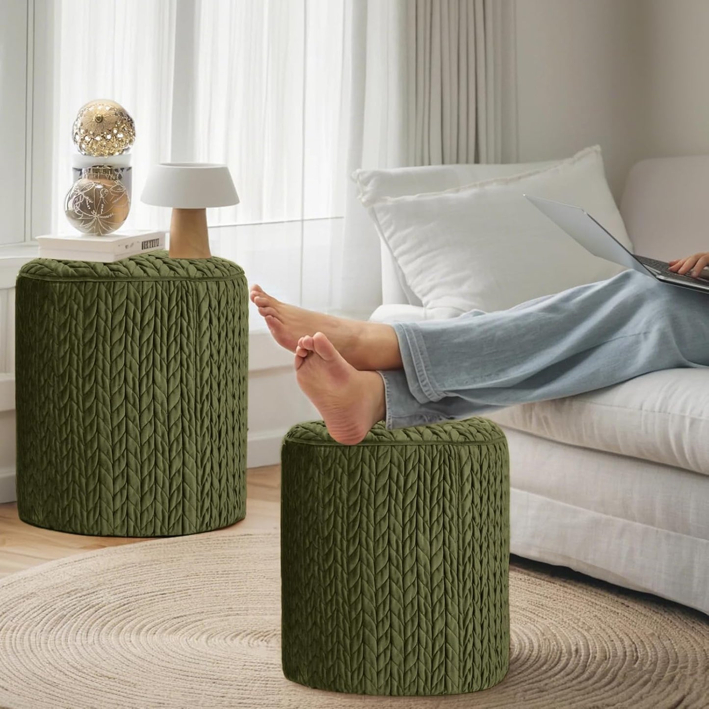 Modern Round Ottoman 2Pcs, Braided-Tufted Foot Stool Ottoman, Velvet Upholstered Vanity Stool for Makeup, Bedroom, Living Room, Dark Green