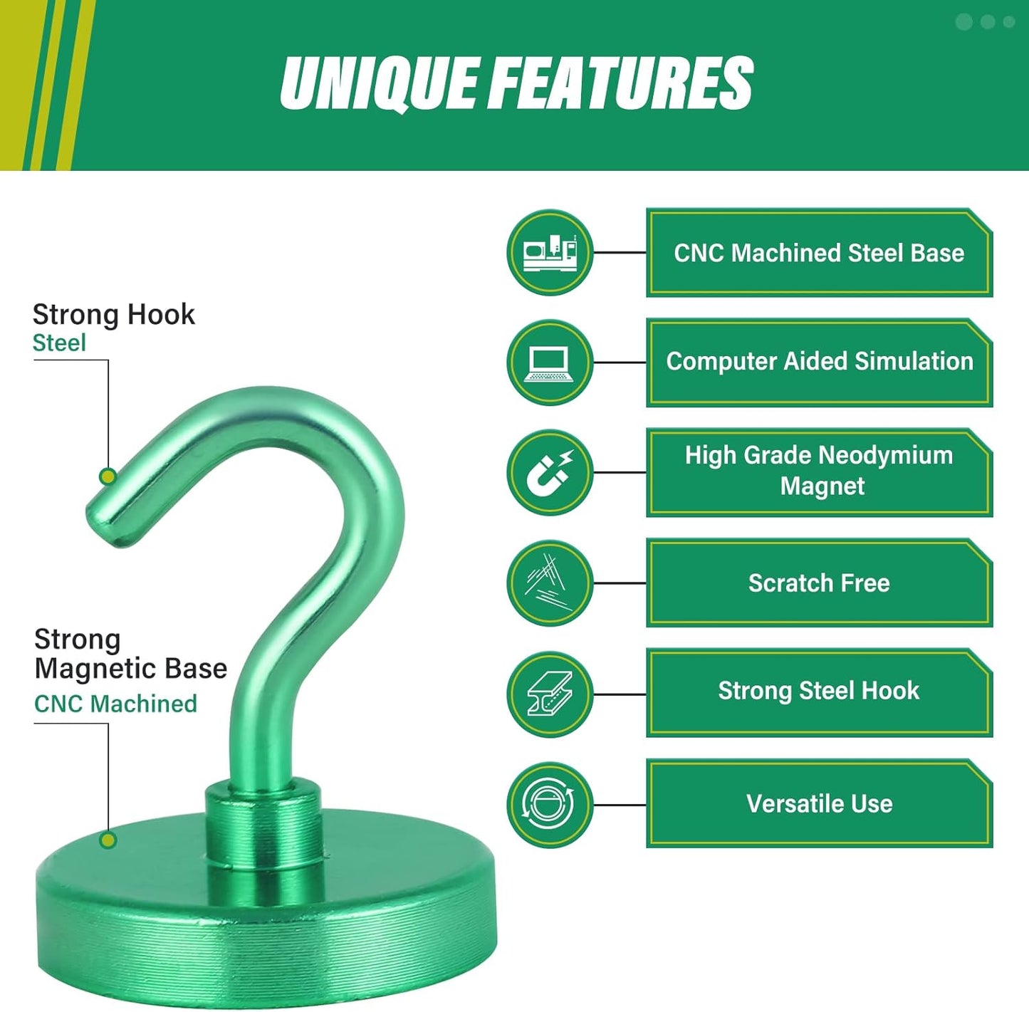Neosmuk Magnetic Hooks Heavy Duty, Strong Magnet with Hook for Fridge, Super Neodymium Extra Strength Industrial Hooks for Hanging, Magnetic Hanger for Toolbox, Cruise, Grill(Green,4 Pack)