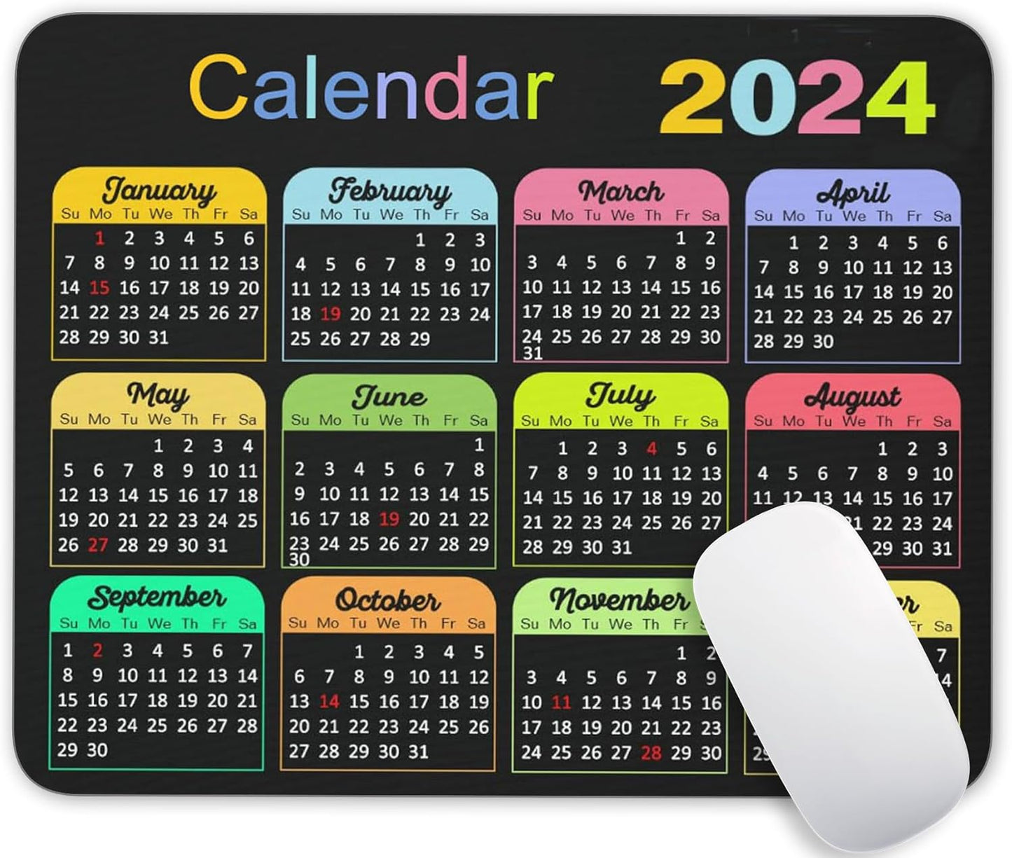Calendar Mouse Pad, Gaming Mouse Mat with Custom Design, Non-Slip Rubber Base MousePads for Office Home Laptop Travel, 9.5"x7.9"x0.12" Inch (2024 Color Calendar Horizontal)