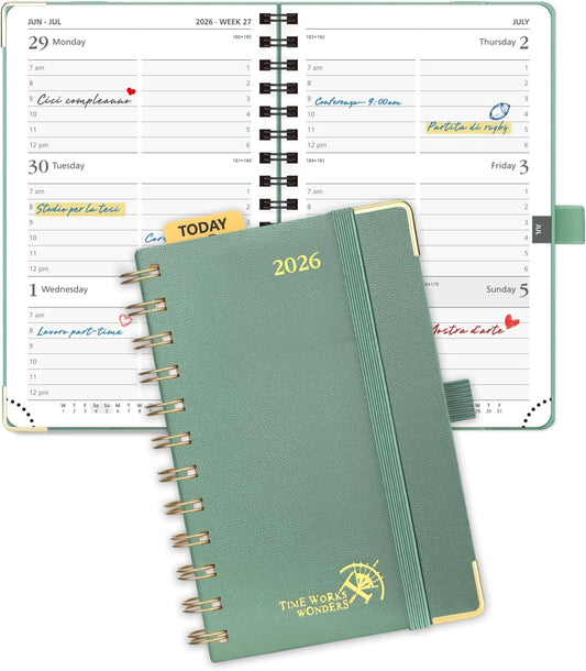 POPRUN 2026 Planner (Pocket Size 4''x 6.25'' Wire-Bond Hard Cover) Calendar Weekly and Monthly (Jan.2026-Dec.2026) Small Planner with Hourly Time Slots, for Purse, 100 GSM - Midnight Green