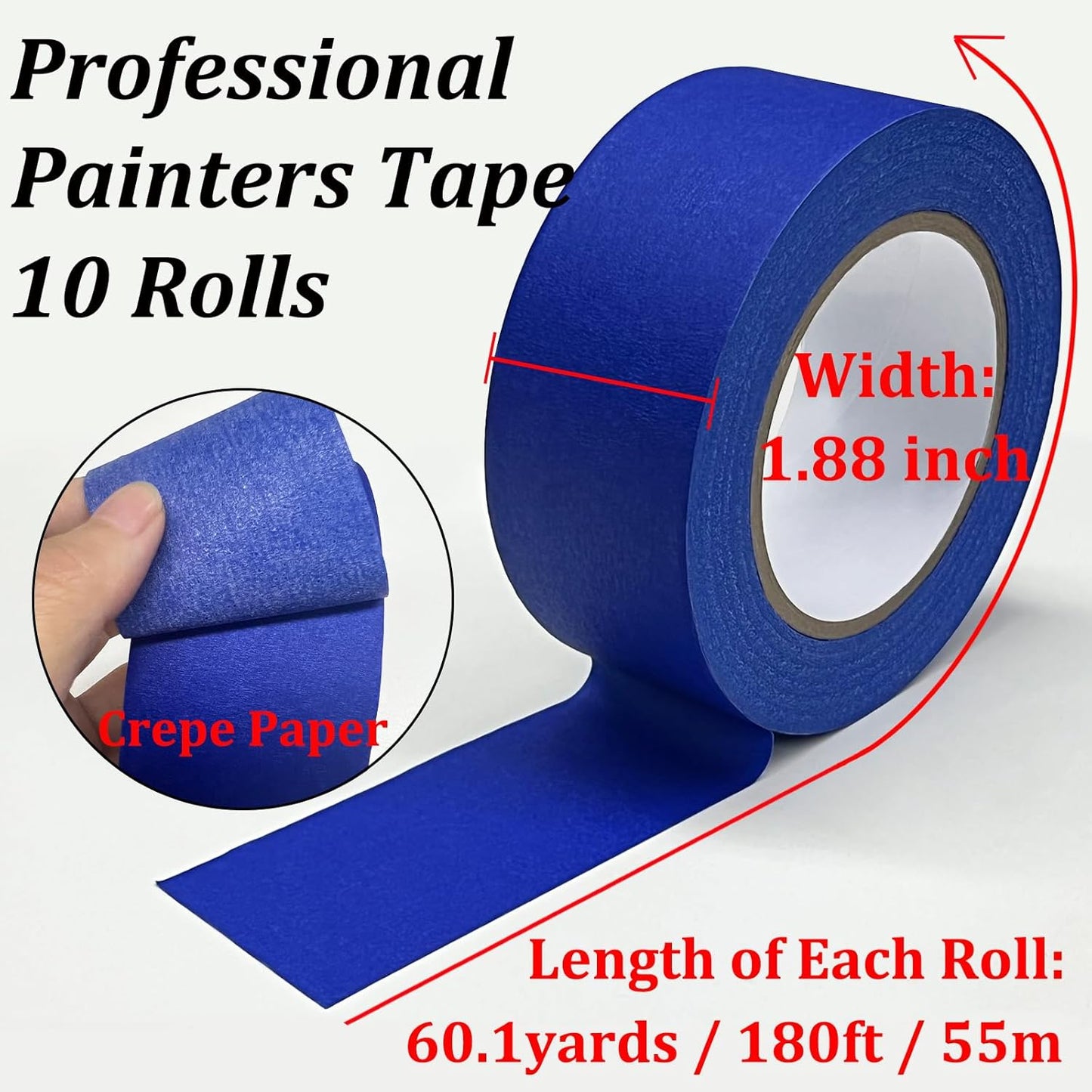 Premium Painter's Tape, 10 Rolls Blue Tapes Painters Tape, 1.88in x 60.1yds, General Purpose Masking Tape, Multi-Surface Painting Tape for Painter, DIY Crafts Arts, Indoor & Outdoor Use, Easy Removal