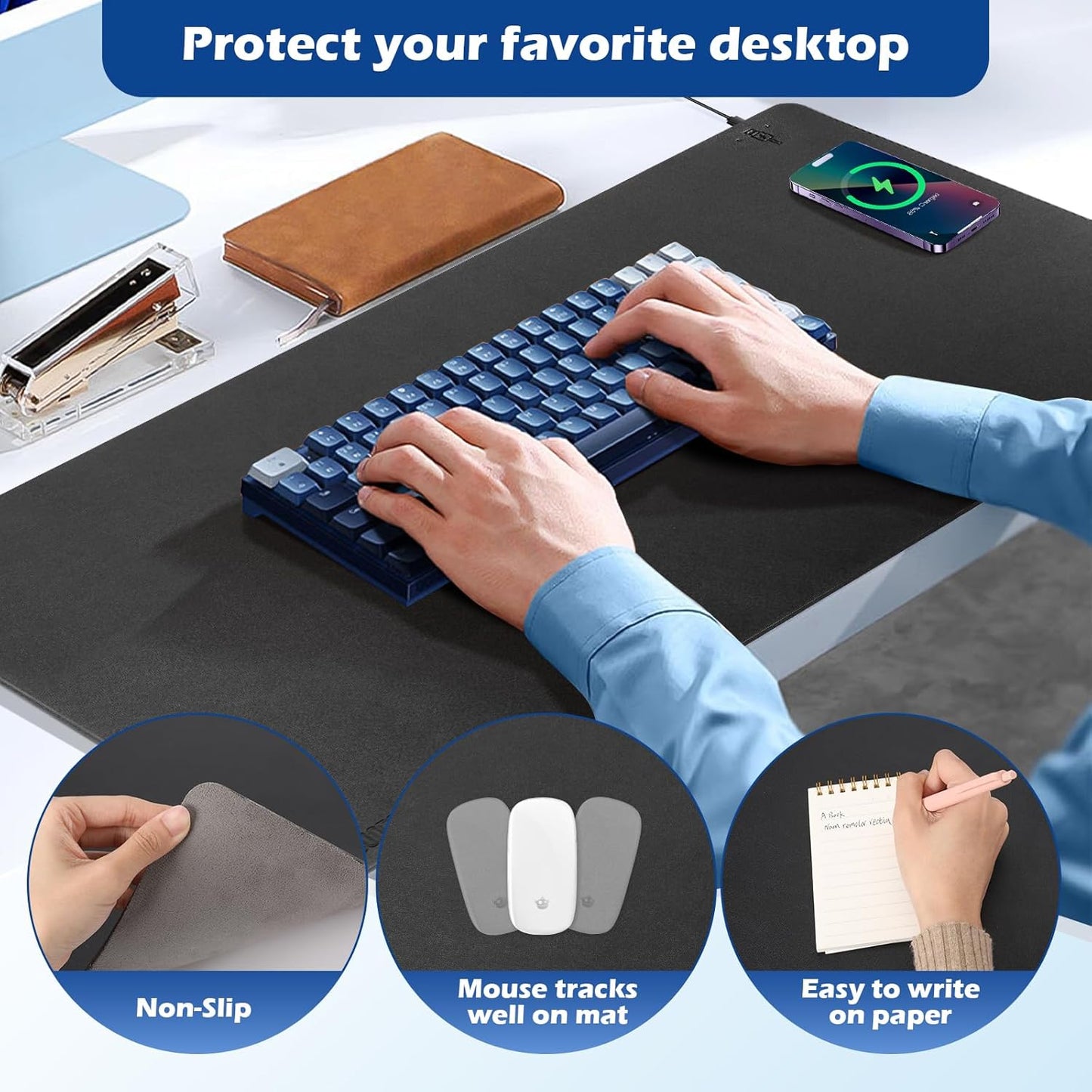 Wireless Charging Desk Mat with Desk Pad for Desktop Charging Large Mouse Pad Waterproof Leather Computer Mat Mouse Pad Non-Slip Protector on Top of Desks for Keyboard and Mouse (black-r, 36*17inch)