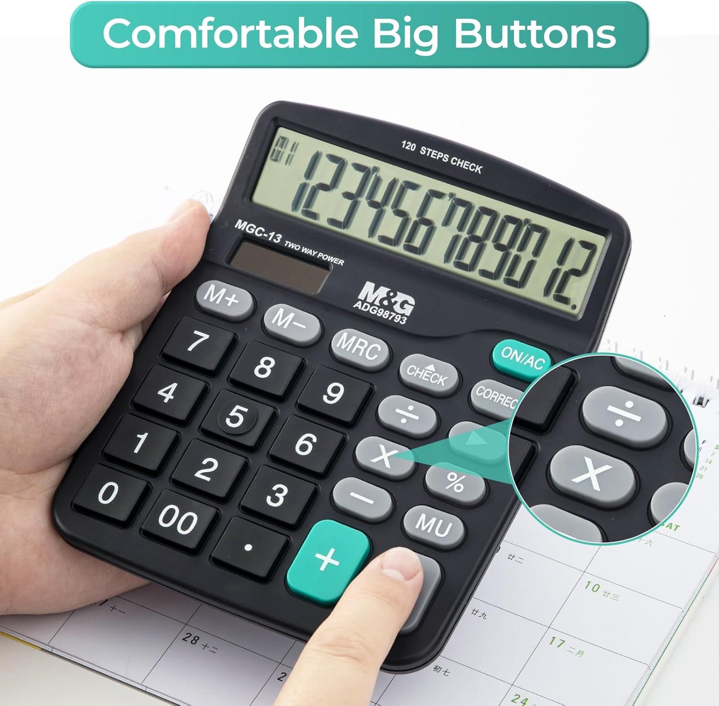 M&G Desk Calculator 12 Digit Office Calculators with Check & Correct, Dual Solar Power and Battery, Large LCD Display Business Calculator with Big Buttons Black