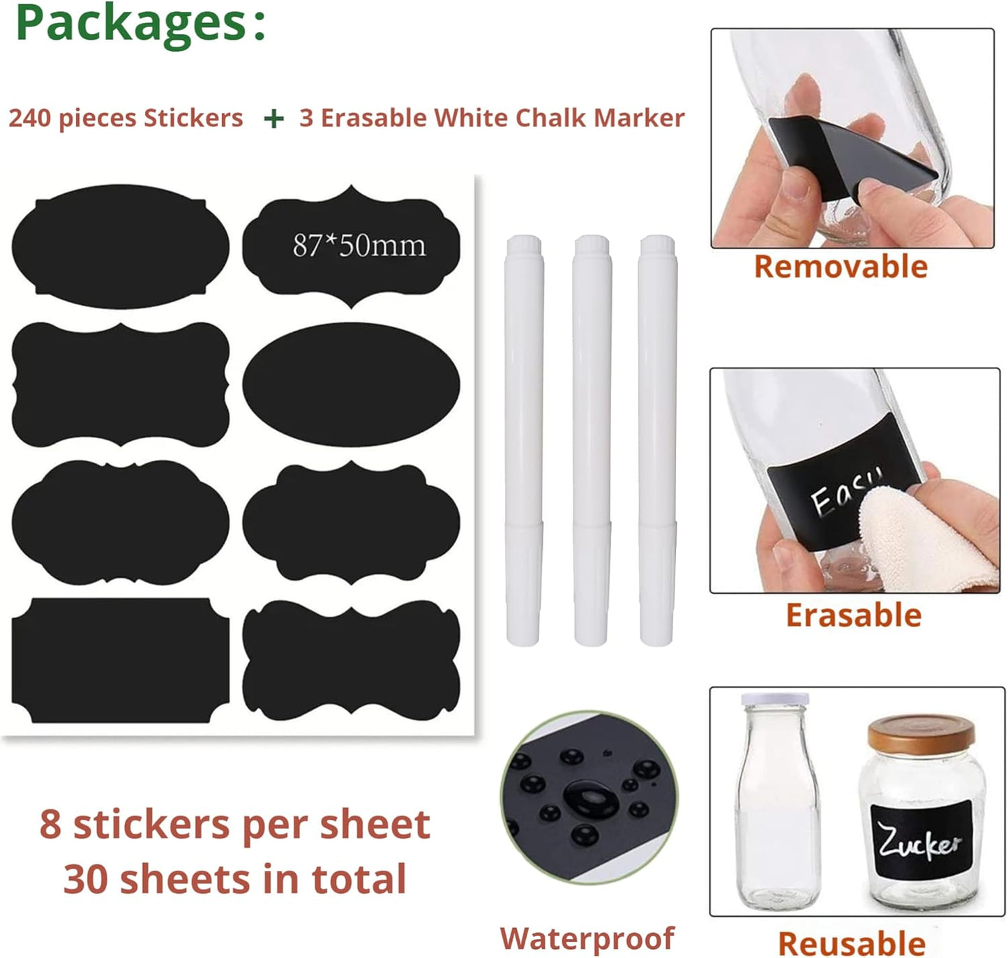 Chalkboard Label 240 Pcs Waterproof Reusable Labels for Food Containers Chalk Sticker Labels with 3 Liquid Chalk Markers for Mason Jars, Parties Decoration, Craft Rooms, Storage, Home, Kitchen
