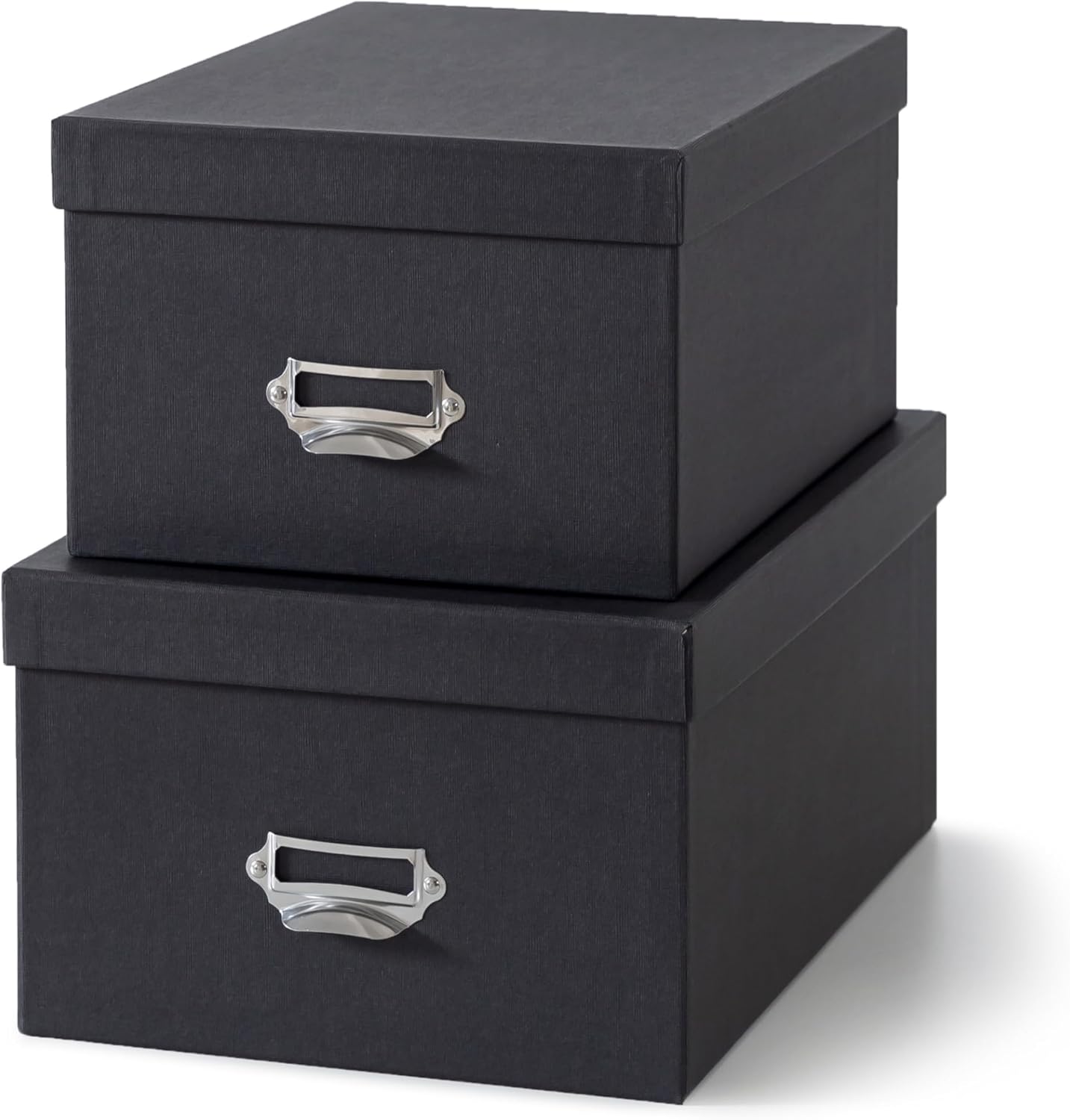 Soul & Lane Black Decorative Cardboard Storage Boxes with Lids, Set of 2 Stacking Keepsake Photo and Memory Boxes for Home & Office, Elegant Paperboard Organizers with Label Holders and Drawer Pulls