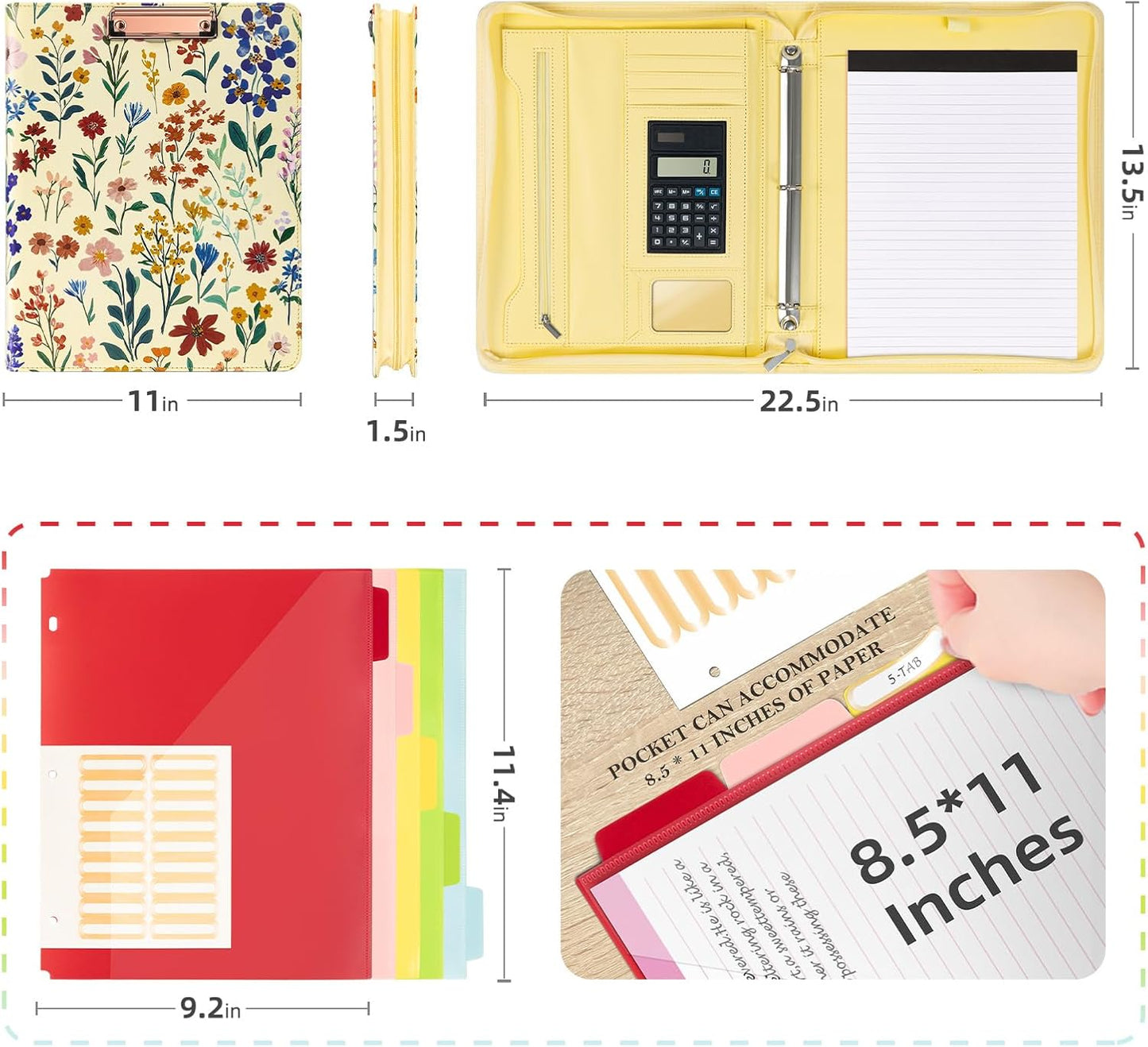 Ospelelf Leather Clipboard Binder with Storage - 3 Ring Zippered Padfolio Portfolio Folder - Calculator, 12.1” Tablet Sleeve, 5 Dividers with Pocket, Refillable Notepad, Card Slot (Floral)