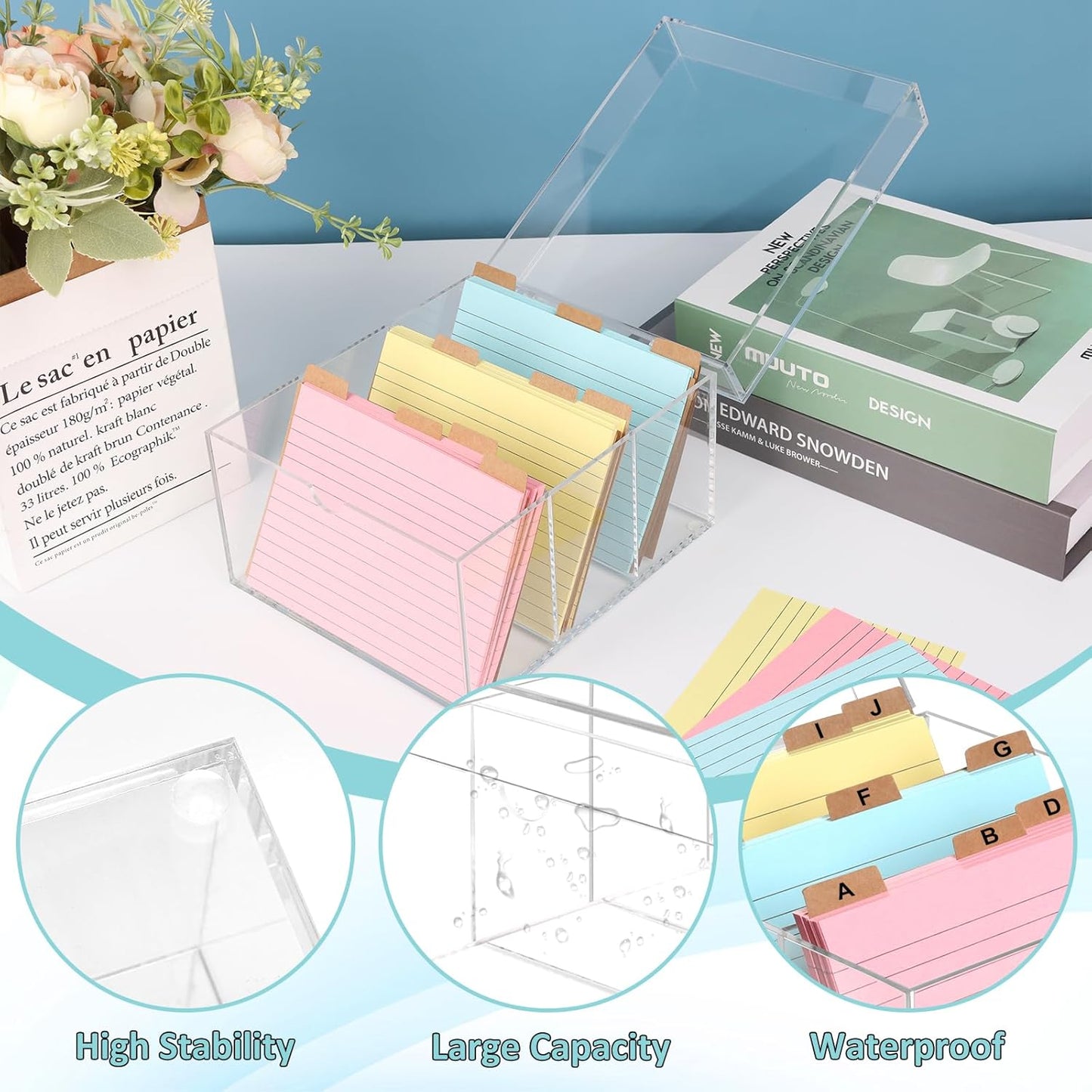 4x6 Index Card Holder Acrylic Index Card Organizer Clear Index Card Box Flash Card Holder with 5 Index Card Dividers Recipe Cards Holder Notecard Storage Box 150 Ruled Cards Stickers For Office Desk