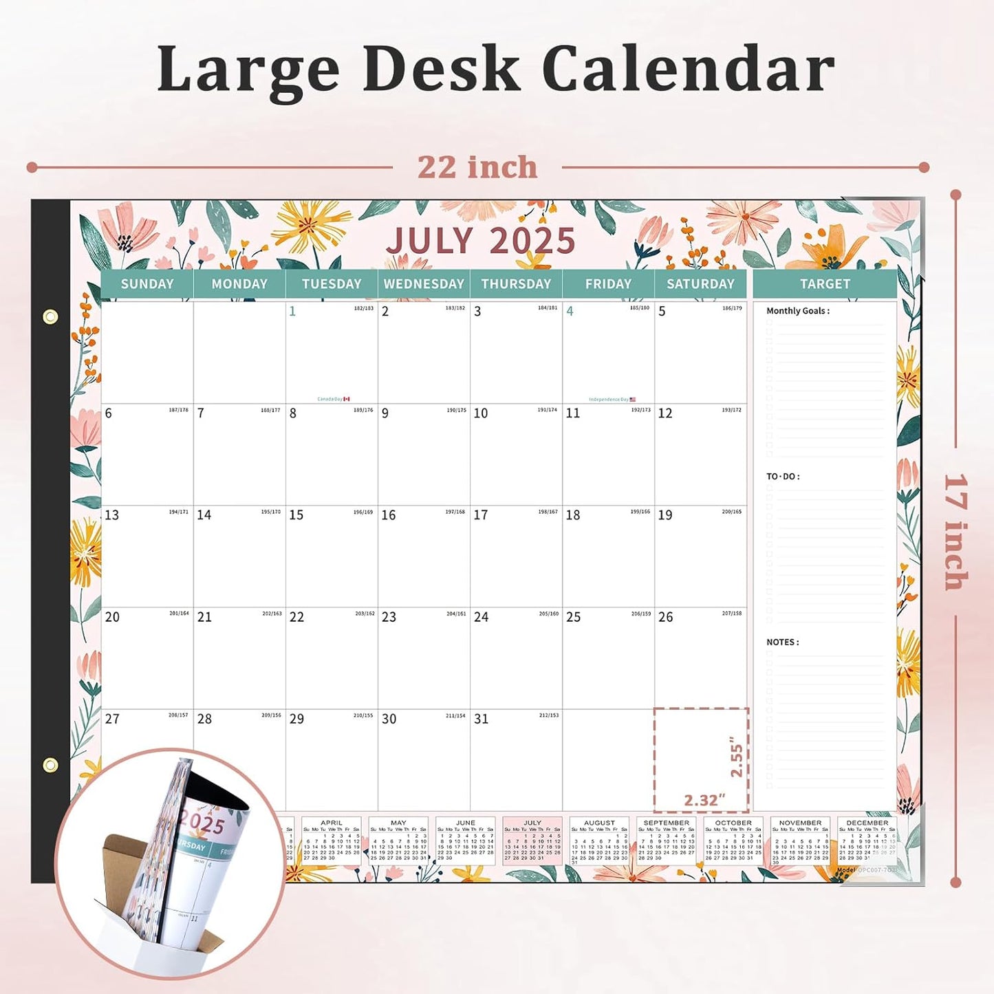 Ospelelf Desk Calendar 2025-2026 Large 22"x17" Monthly Family Planner Pad with Protective Cover 18 Months July 2025 to December 2026 Ditsy Floral