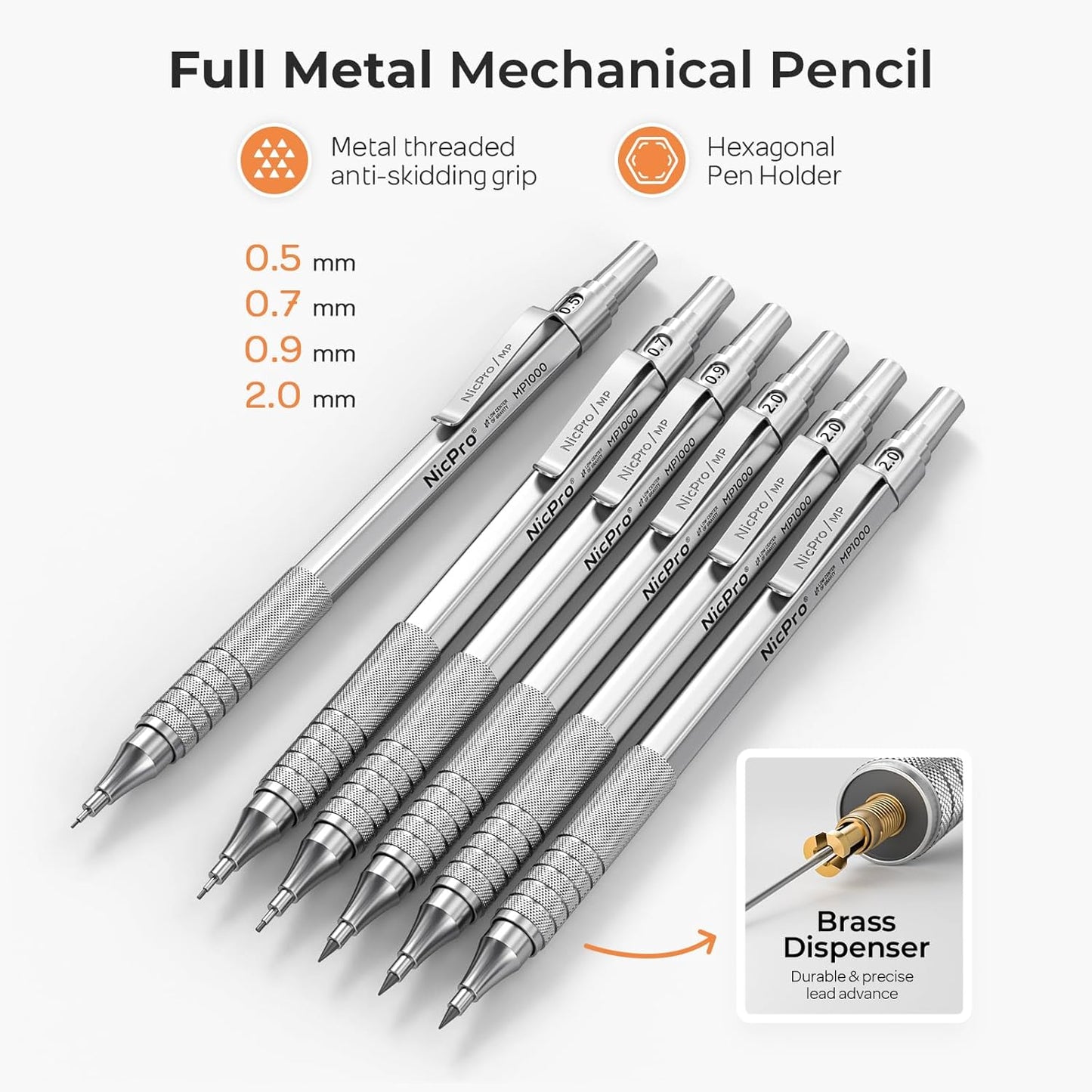 Nicpro 35PCS Silver Metal Mechanical Pencils Set in Case, Art Drafting Pencil 0.5, 0.7, 0.9 mm & 3PCS 2mm Graphite Lead Holder for Drawing Sketching With 20 Tube Lead Refills(6B 4B 2B HB 2H 4H Colors)