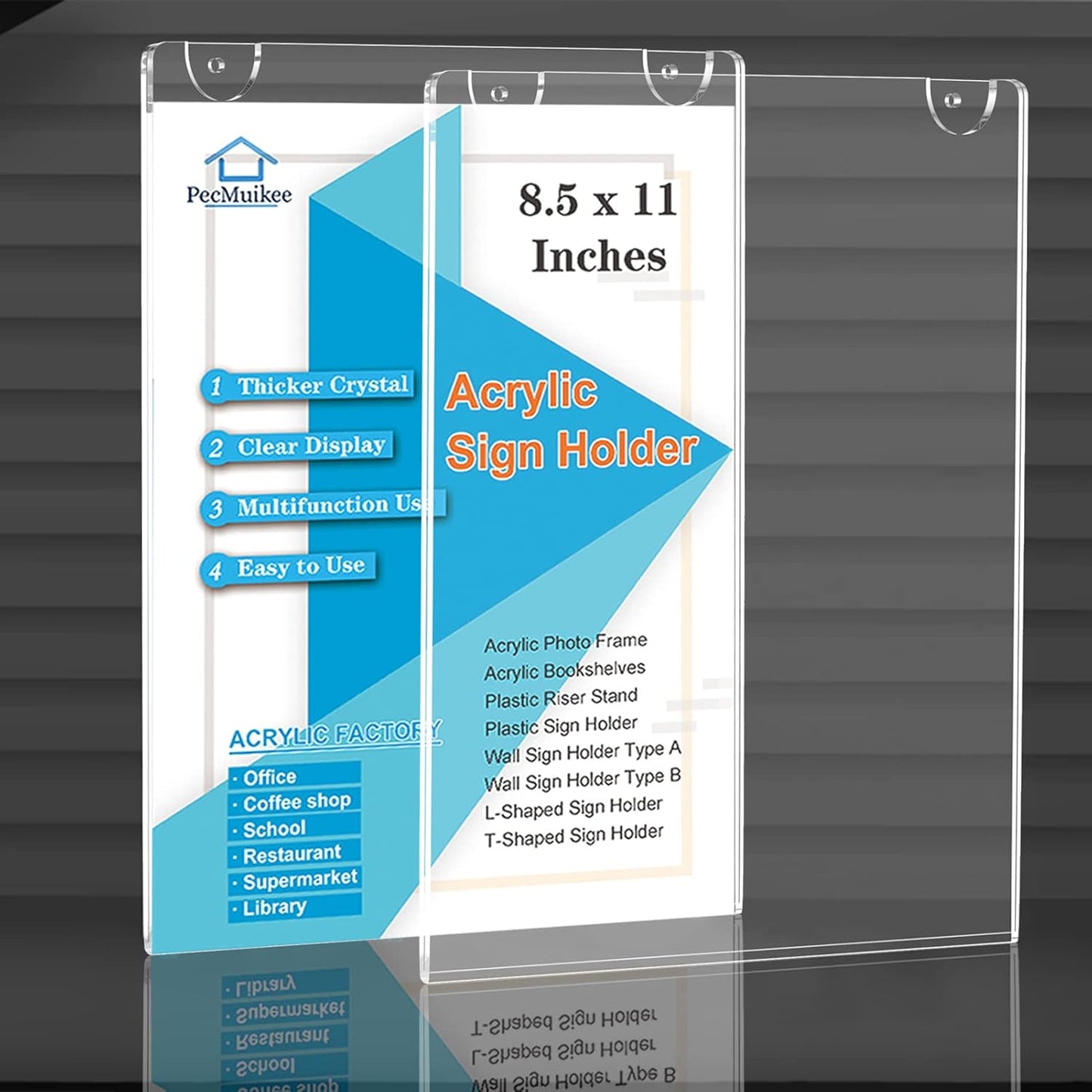 PecMuikee Acrylic Sign Holder 8.5x11, Wall Mount Acrylic Sign Holder and Plastic Paper Display Ad Frame bonus with 3M Tape and Mounting Screws for Restaurants, Office, Market, Library, Store, 2 Pcs