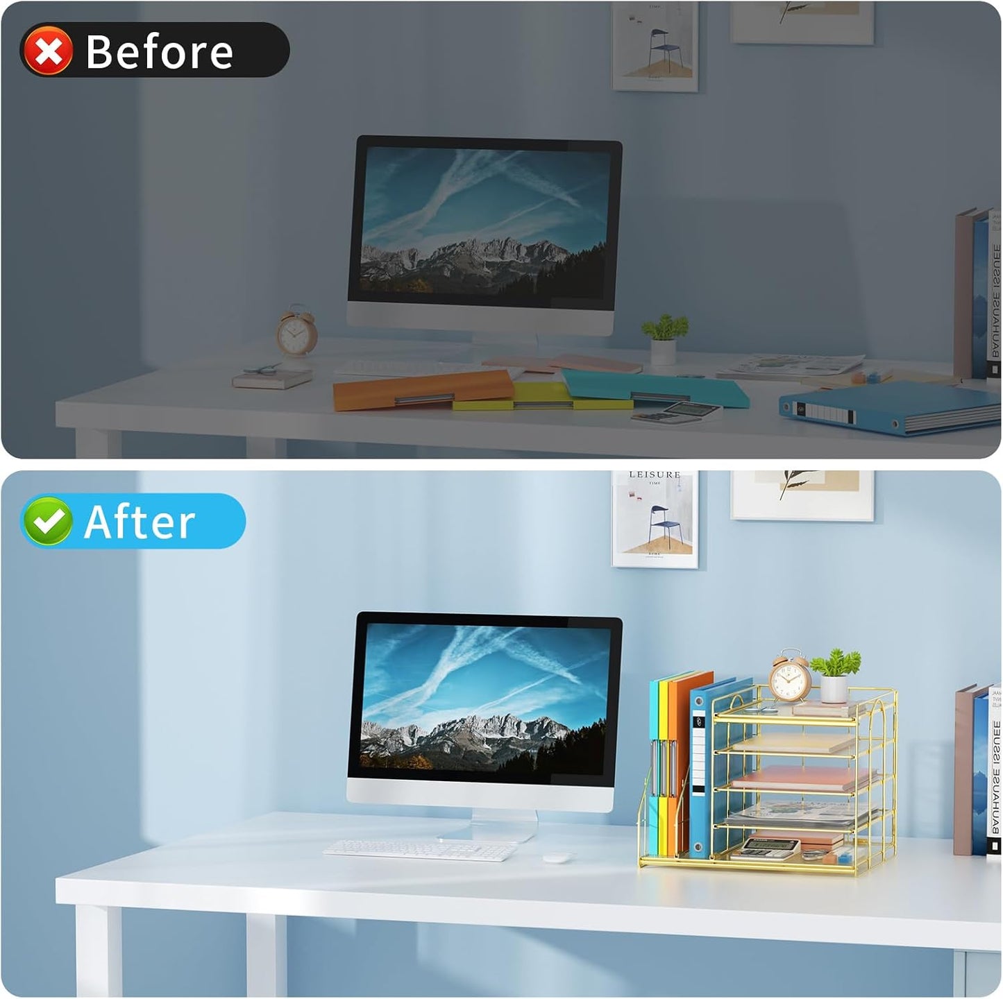 Marbrasse Desk Organizer with File Holder, 5-Tier Paper Letter Tray, Mesh Desk Organizers and Accessories with Magazine Holder, Desktop Organizer and Storage for Office Supplies (Gold)