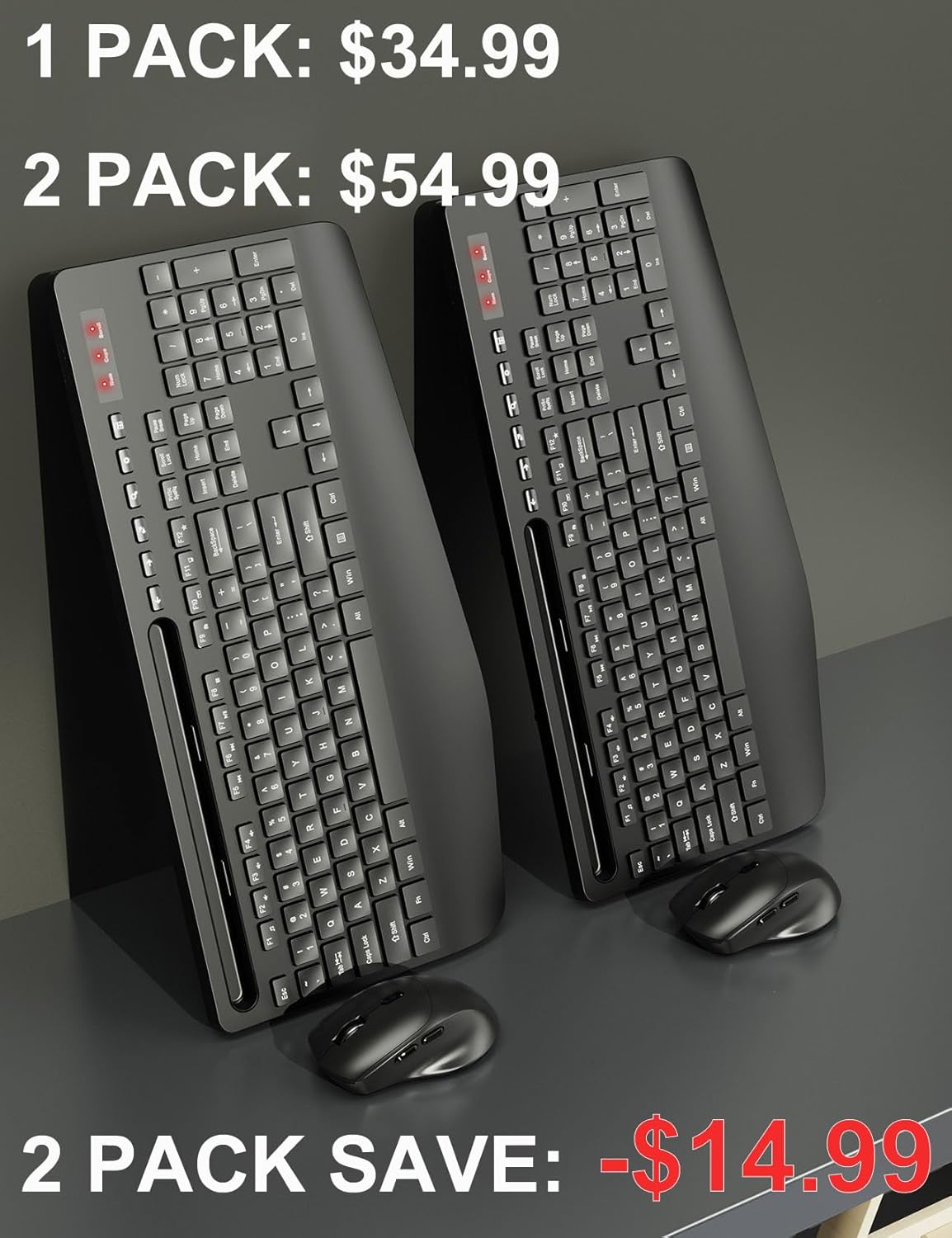 Wireless Keyboard and Mouse Combo 2 Pack - Full-Sized Ergonomic Keyboard with Wrist Rest, Phone Holder, Sleep Mode, Silent 2.4GHz Cordless Keyboard Mouse Combo for Computer, Laptop, PC, Mac, Windows