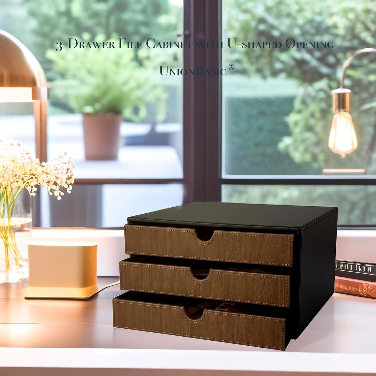UnionBasic Document Organizer, 3-Drawer File Cabinet Document Storage Box, Office Desktop Filing Organizer, Black with Wood Grain Drawers
