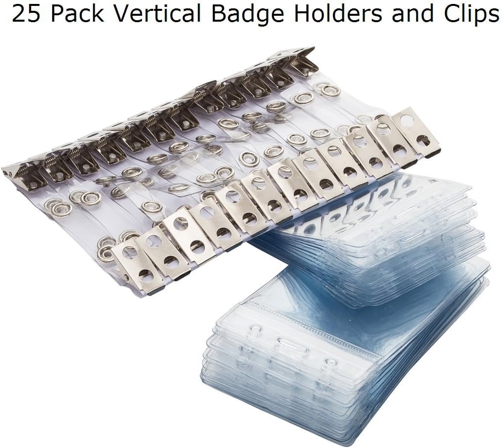ID Badge Holder with Clip on Name Badge Holder Vertical Clear Plastic Name Tag Holders by ZHEGUI (25Pack, Vertical 3.5X2.3)