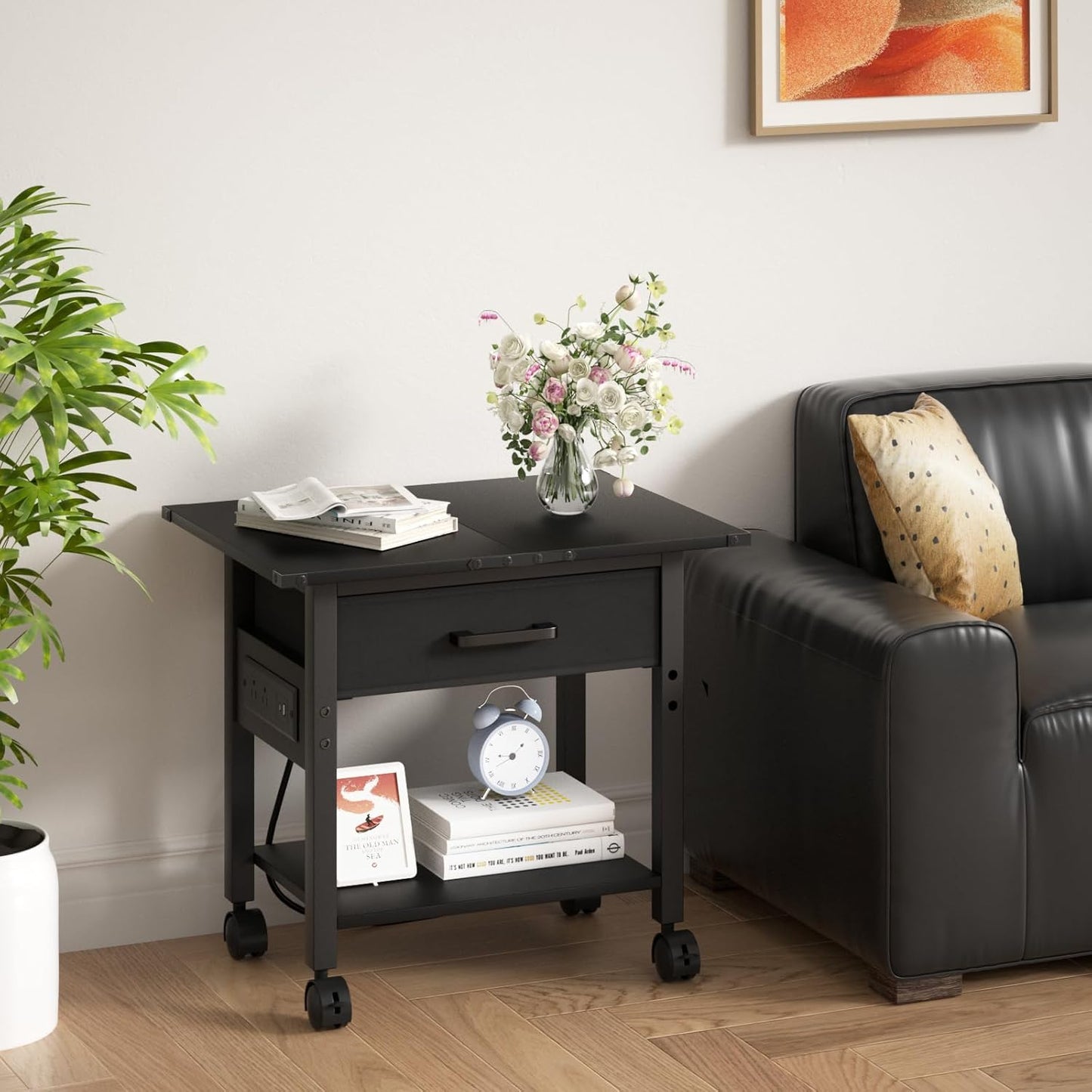 Lerliuo Under Desk Rolling Printer Stand with Charging Station and USB Ports, 2-Tier Printer Table Desk with Fabric Drawer, Printer Cart Holder with Lockable Wheels for Home, Office (Black)