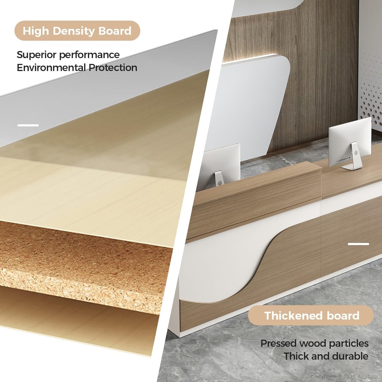 Modern Reception Desk – L Shaped Front Desk Checkout Counter with Drawers, Storage Cabinet and Double-layer tabletop for Office, Salon, Lobby, Cashier (White+Natural/Right, 79"L * 24"W * 39"H)