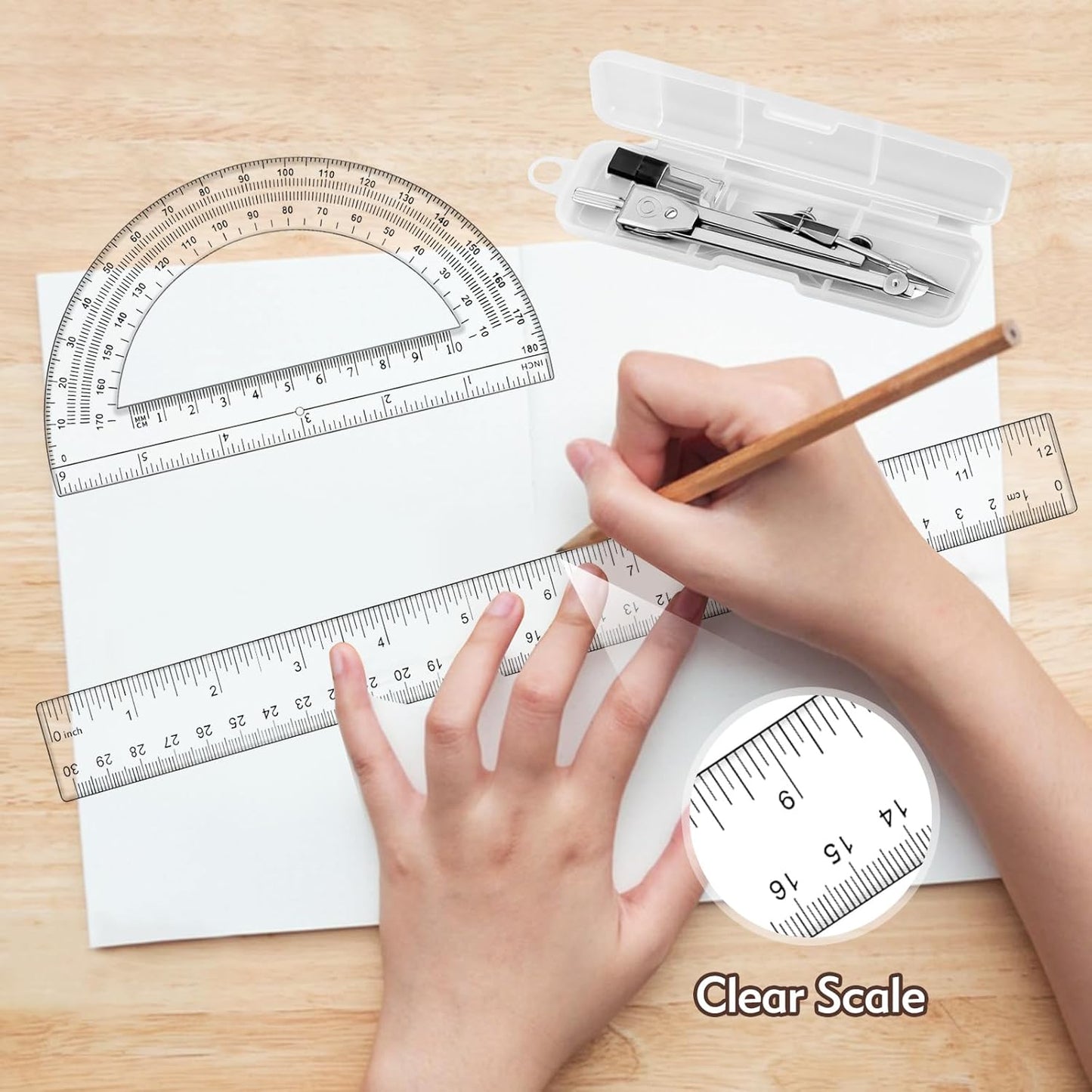 3 Pcs Plastic 12 Inch Ruler, Clear Protractor and Compasses Set for Student Geometry, Durable Transparent Drawing Measuring Rulers for School Office