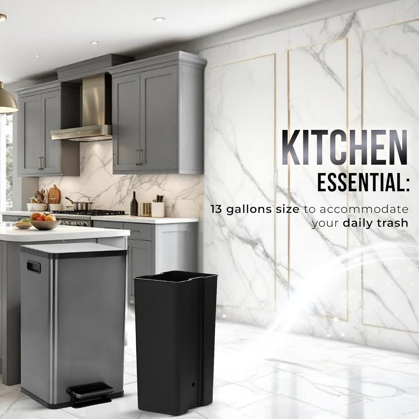 Simpli-Magic 13.2 Gallon (50L) Step Trash Can – Kitchen Garbage Can with Slow-Close Lid – Odor Control, Hands-Free, Easy to Clean, Brushed Stainless Steel