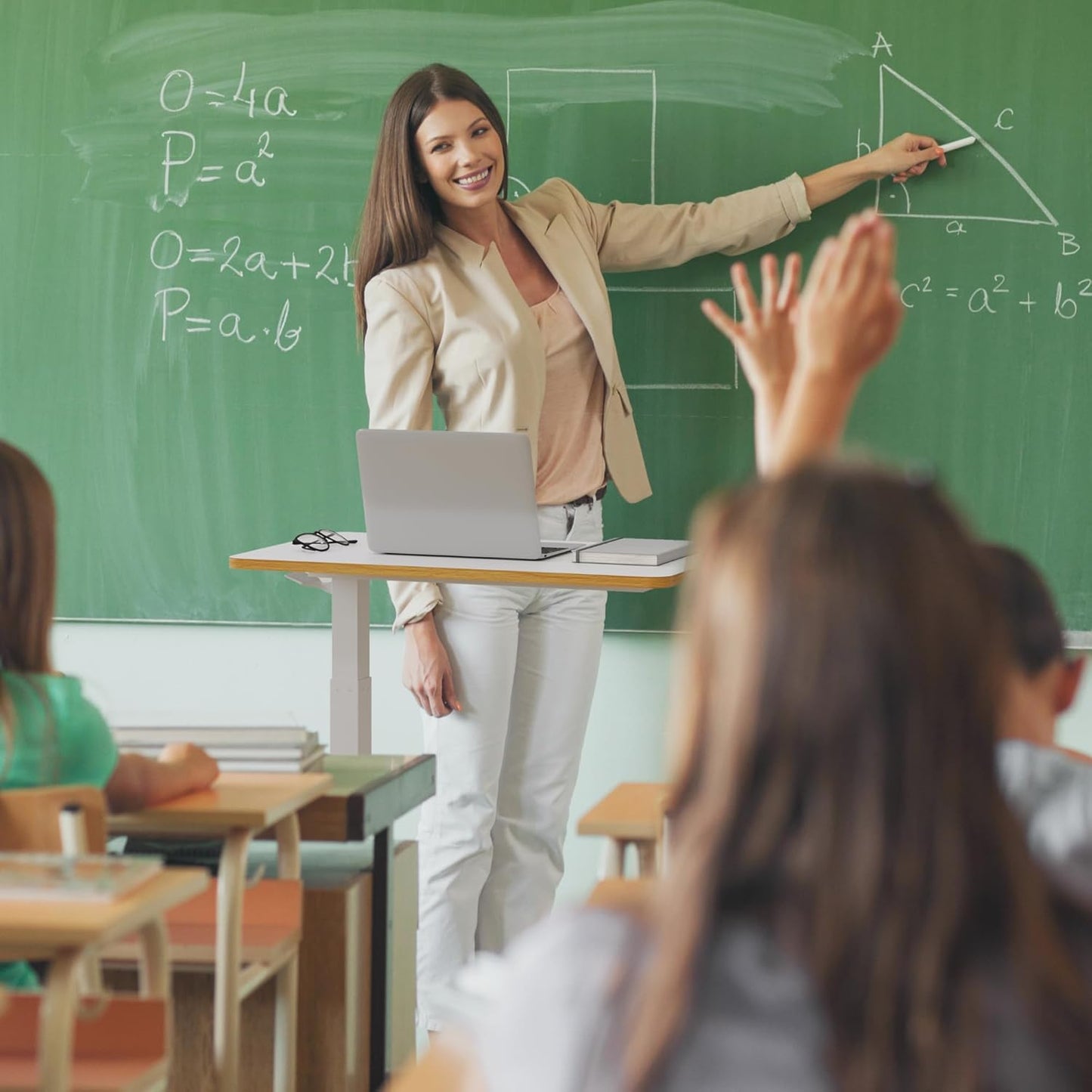 SANODESK Mobile Standing Desk with Hidden Wheels,Pneumatic Laptop Desk Rolling Computer Cart Movable Height Adjustable Small Sit Stand Desk for Home Office(27.6" W x 15.7" D, White+Maple Band)