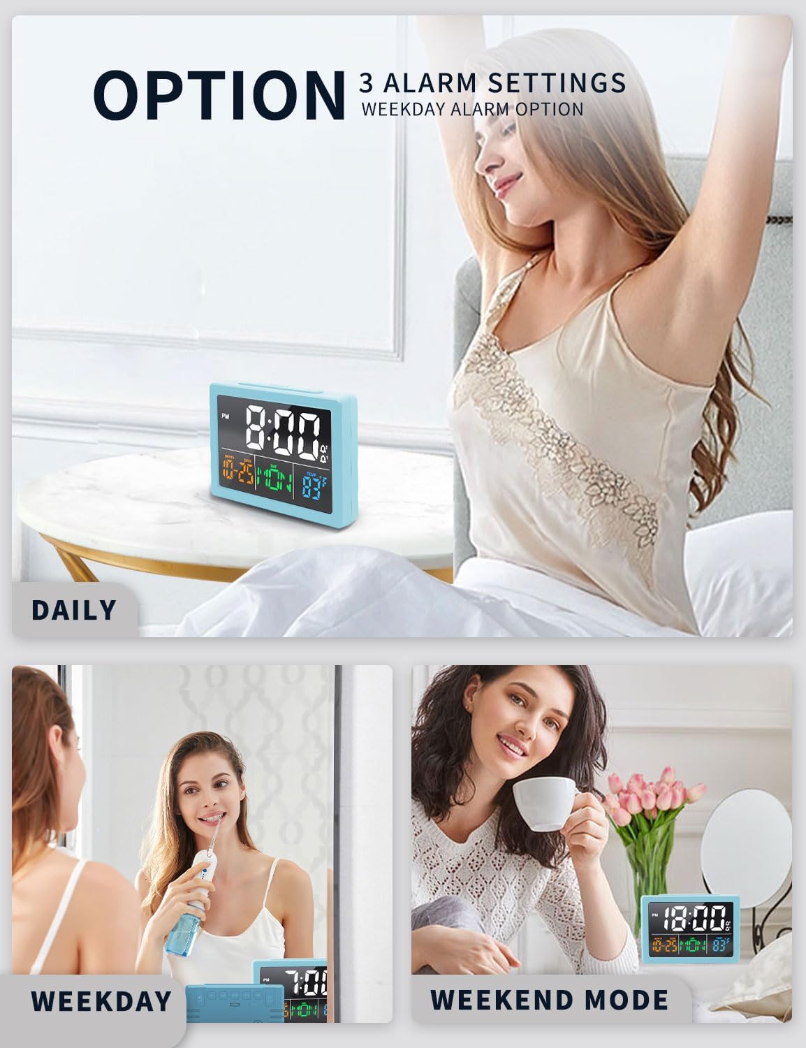 Digital Alarm Clock, with 5.5" Large LED Time Display, Adjustable Alarm Volume, 6 Level Brightness, Alarm Settings, USB Charger, Temperature Detect, Snooze, Clocks for Bedroom, Bedside, Desk, Blue