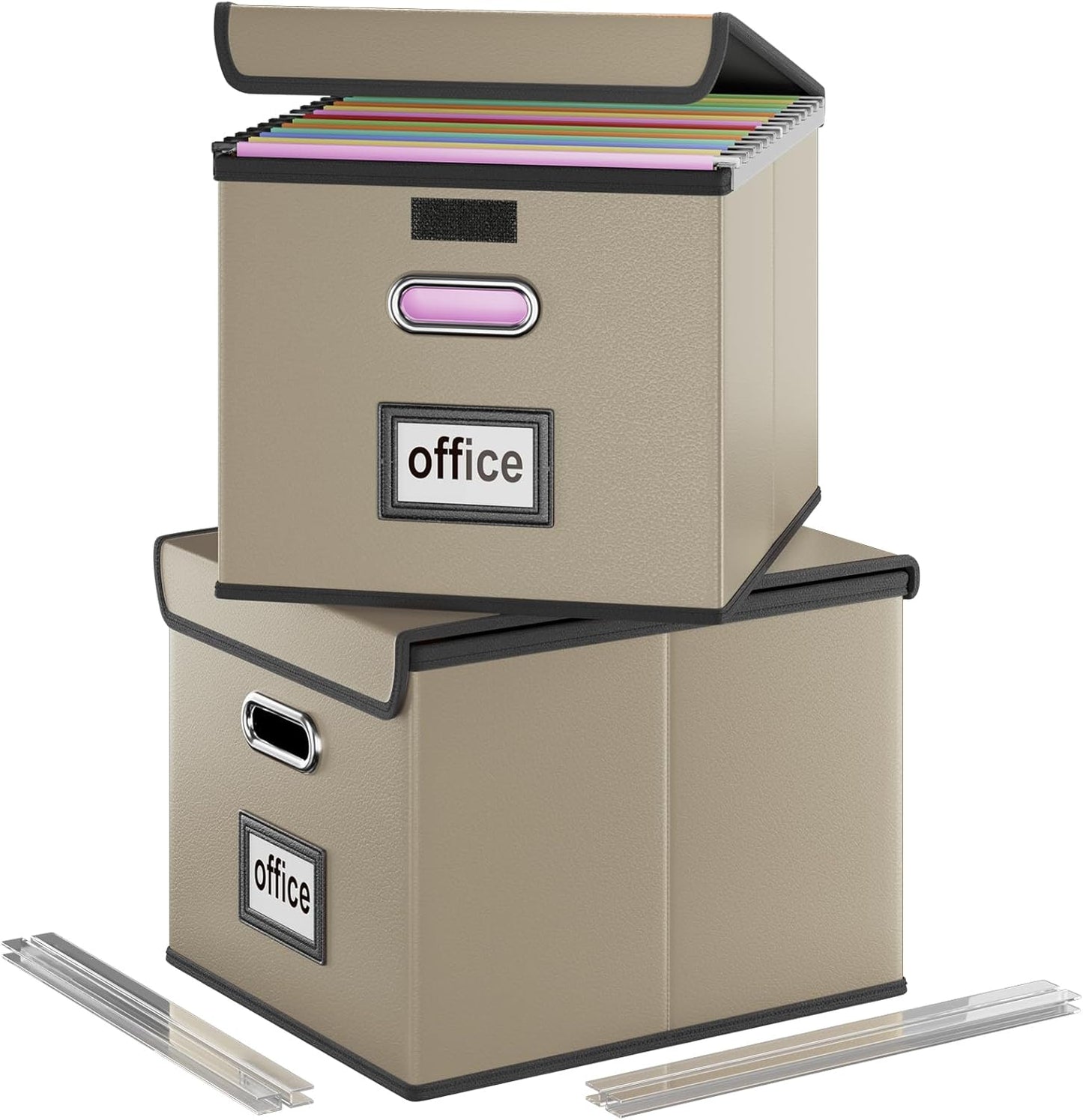 Huolewa File Organizer Boxes with Lids, Collapsible Faux Leather Hanging File Folder Box Organizer with Plastic Slide, Decorative Home/Office Filing System Boxes for File and Folders Storage