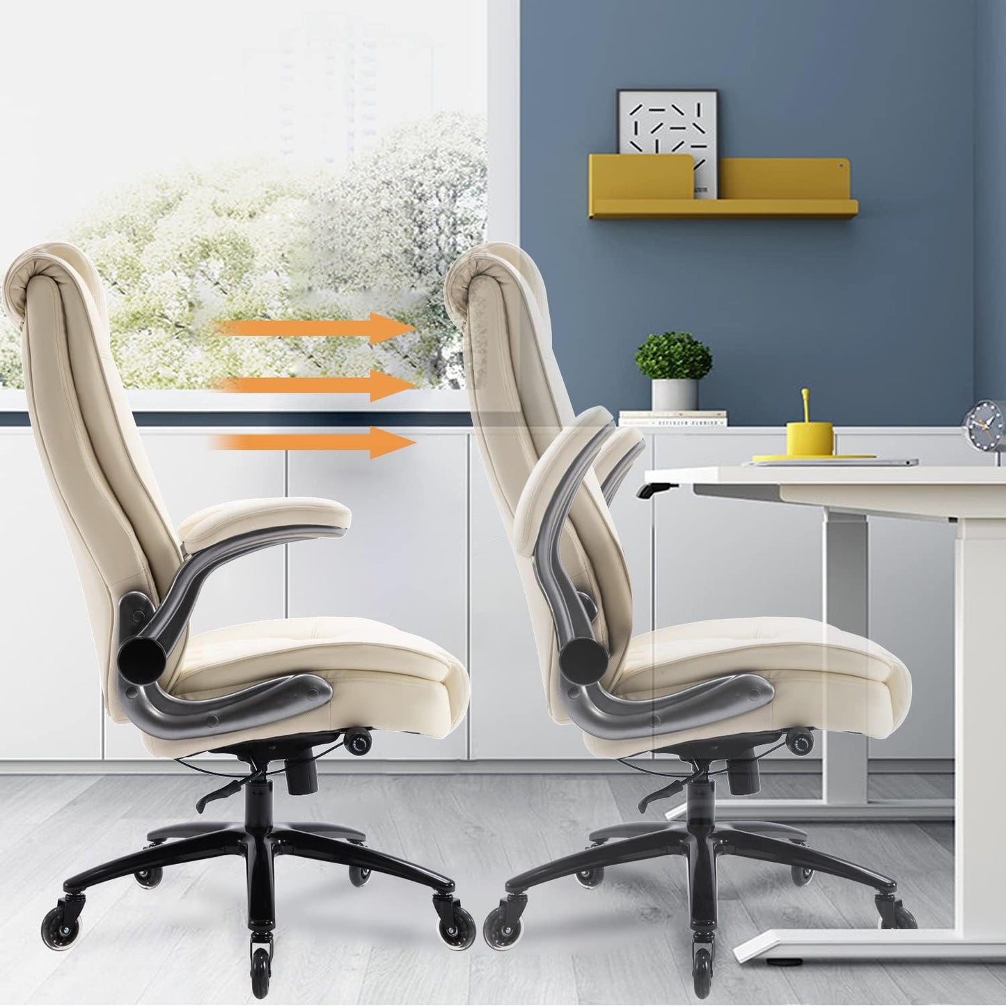 EZAKI High Back Office Chair-Flip-up Arms Executive Computer Desk Chair, Built-in Lumbar Support Thick Padded Adjustable Rock Tension Ergonomic Design for Back Pain (Beige)