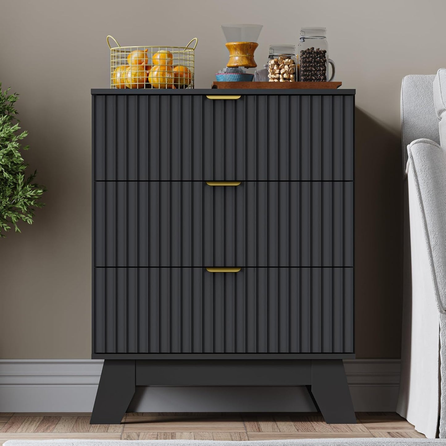 Fluted 3 Drawer Dresser, 30.3" Tall Compact Modern Boho Chest of Drawers, Wooden Storage Cabinet for Bedroom, Living Room, Entryway, Curved Profile Design