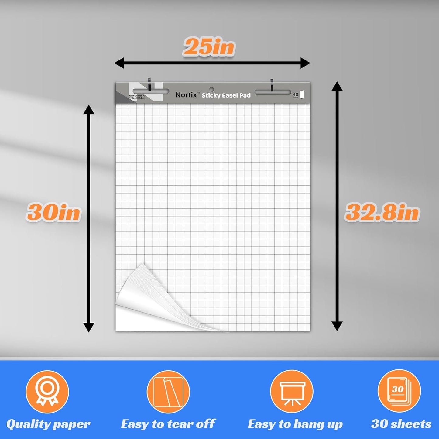 Nortix Sticky Easel Pad, 25x30 Inches Large Self Stick Grid Flip Chart Paper, Upgraded Versatile Sticky Easel Pad with Dry Erase Surface for Meeting/Training/Doodling, 30 Sheets/Pads, 6 Pads