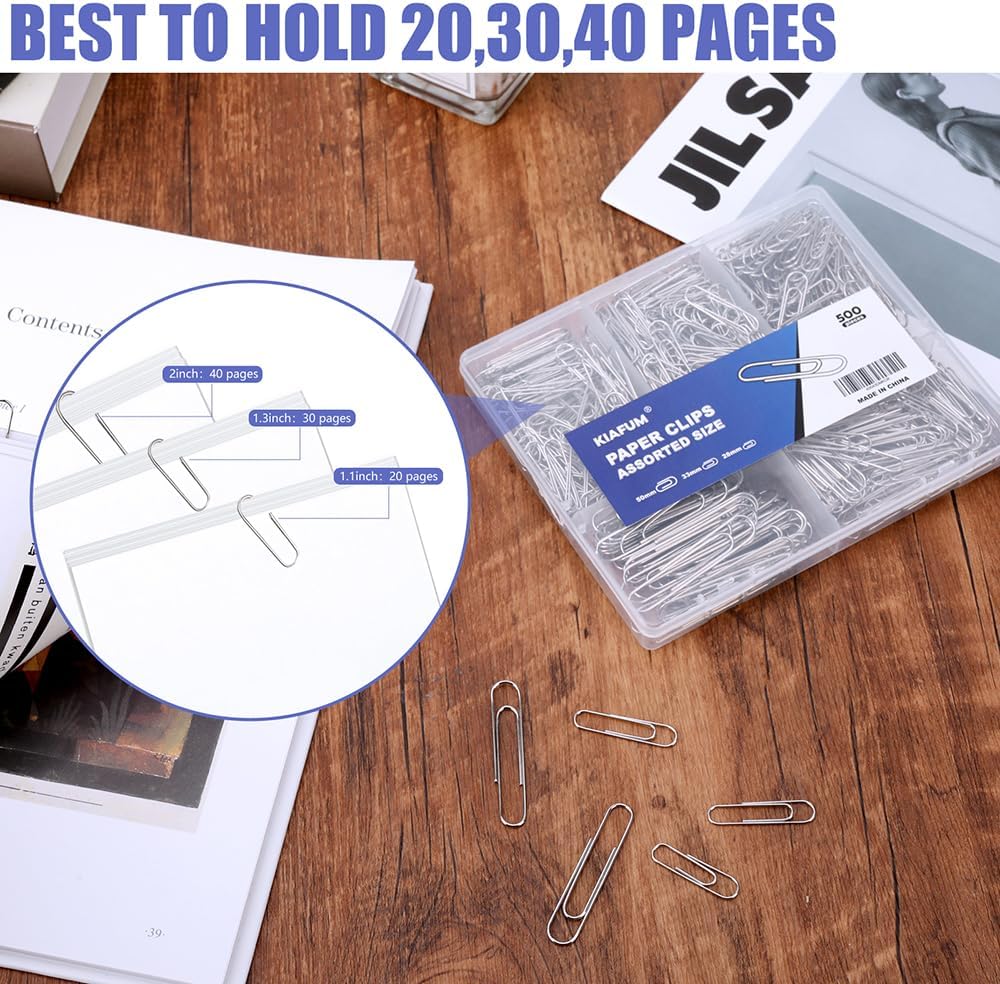 Paper Clips, 500 Pcs Assorted-Size Paperclips, Premium Silver Paperclip Large Medium and Small, Rustproof Metal Paper Clips for Office, School, Home