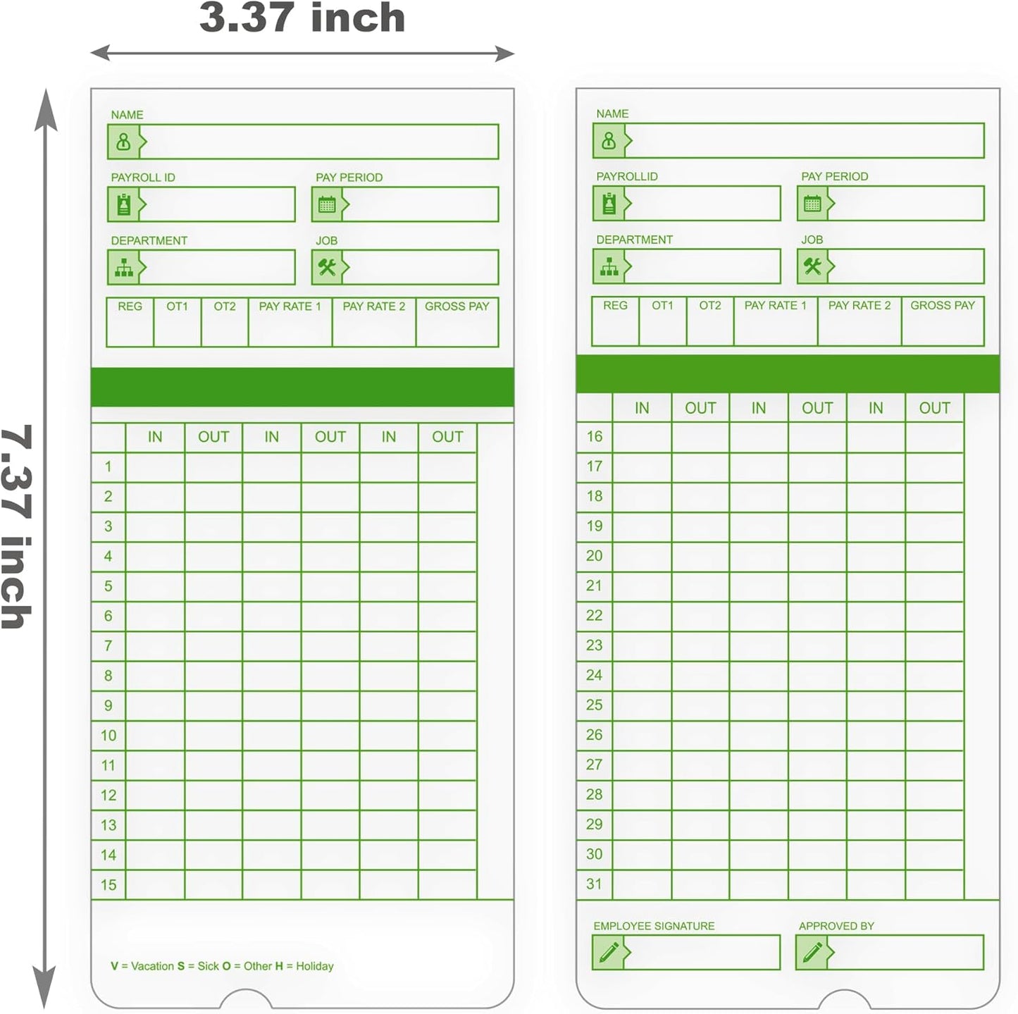 Time Cards for Employees Monthly,Numbered Days,All Pay Periods, 100 Count,2-Sided, 3 3/8" x 7 3/8",Green Print,Timecards for Time Clocks