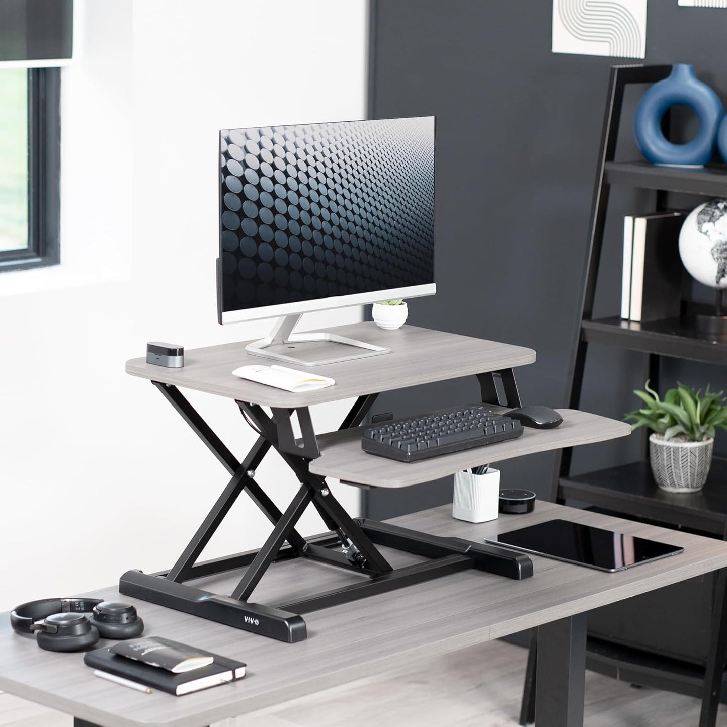 VIVO 26 inch Desk Converter, K Series, Height Adjustable Sit to Stand Riser, Dual Monitor and Laptop Workstation with Keyboard Tray, Gray Top, Black Frame, DESK-V026KG