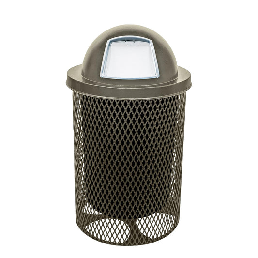 32-Gallon Heavy-Duty Expanded Metal Round Trash Receptacle, Commercial Outdoor Waste Bin with Liner & Black Dome Lid – Made in America (Textured Gold Vein)