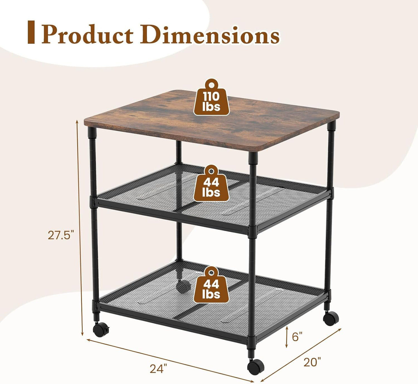 Tangkula 3-Tier Printer Stand, Multifunctional Utility Cart with Ample Storage Space, Rolling & Lockable Wheels, Sturdy Metal Frame, Adjustable Heights, Printer Cart (Rustic Brown)